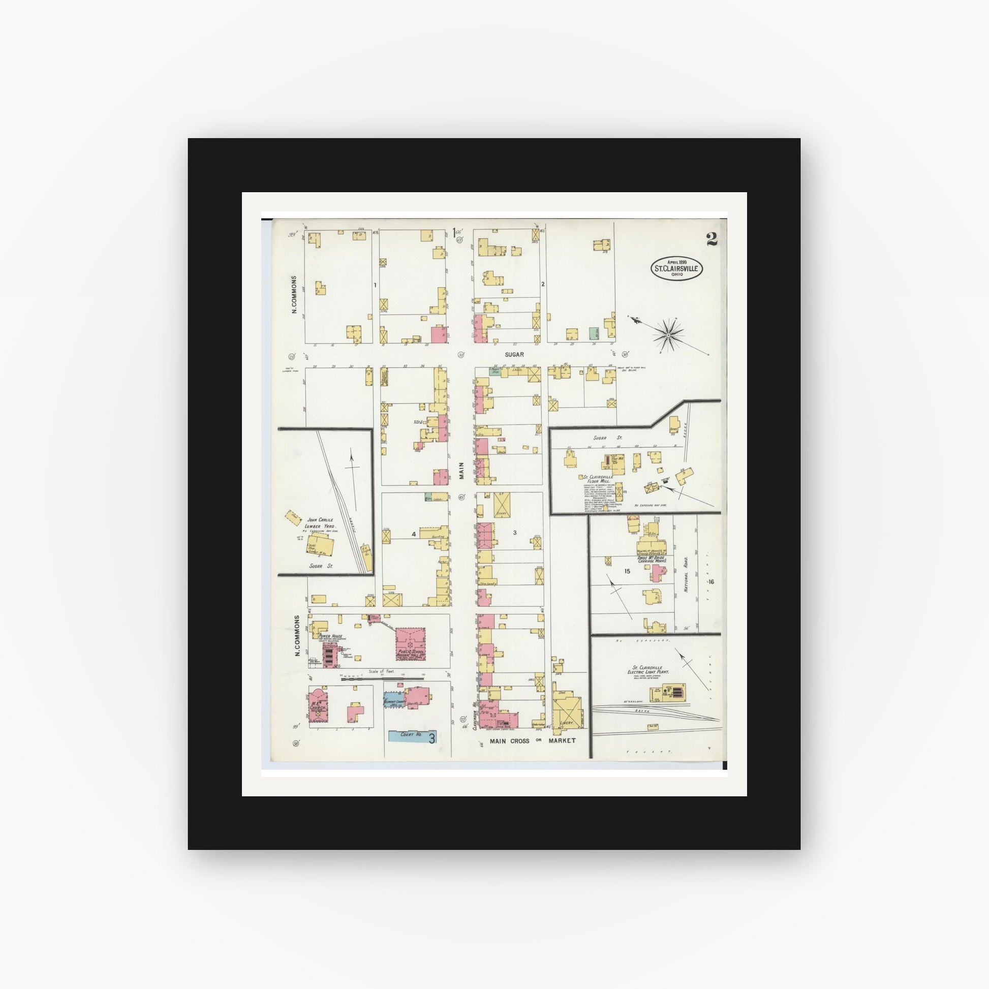 Old map wall art mockup — black gallery frame with white mat — Sanborn Fire Insurance Map from Saint Clairsville, Belmont County, Ohio (1899), Sheet #0002