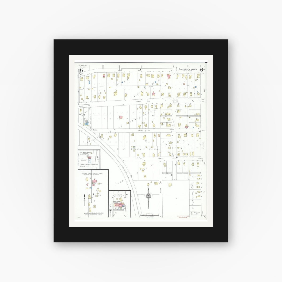 Old map wall art mockup — black gallery frame with white mat — Sanborn Fire Insurance Map from Carthage, Hancock County, Illinois (1943), Sheet #0006