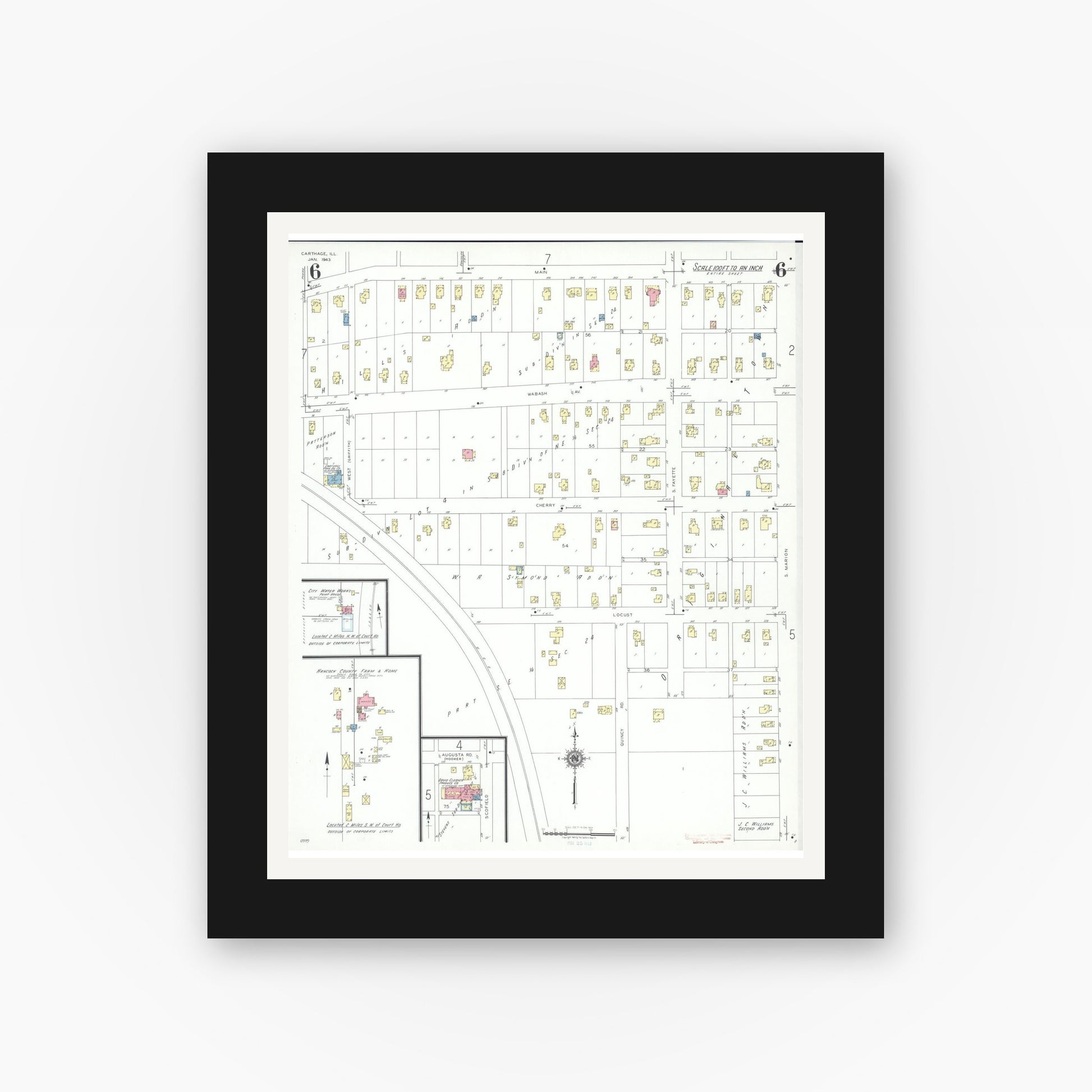 Old map wall art mockup — black gallery frame with white mat — Sanborn Fire Insurance Map from Carthage, Hancock County, Illinois (1943), Sheet #0006