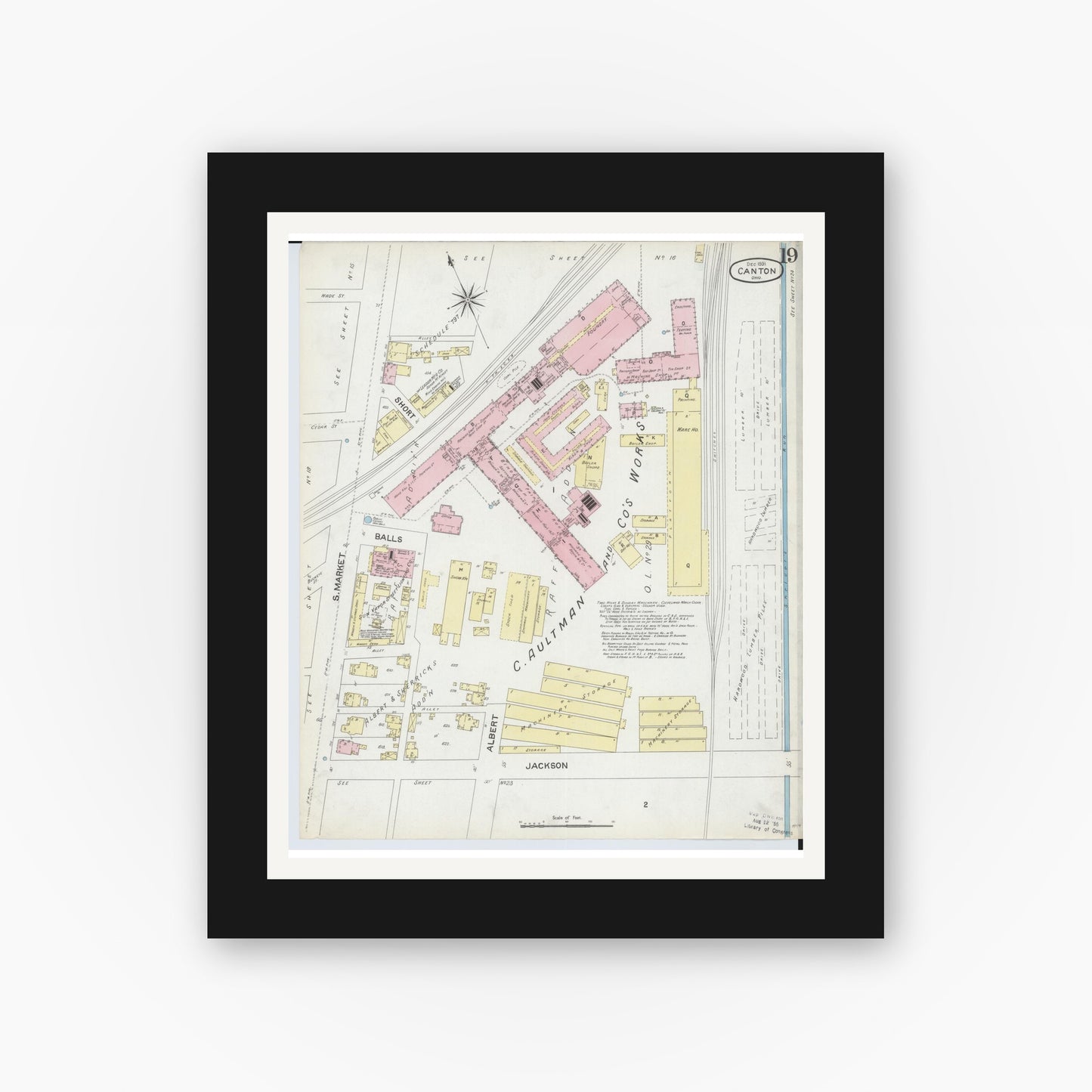 Old map wall art mockup — black gallery frame with white mat — Sanborn Fire Insurance Map from Canton, Stark County, Ohio (1891), Sheet #0019