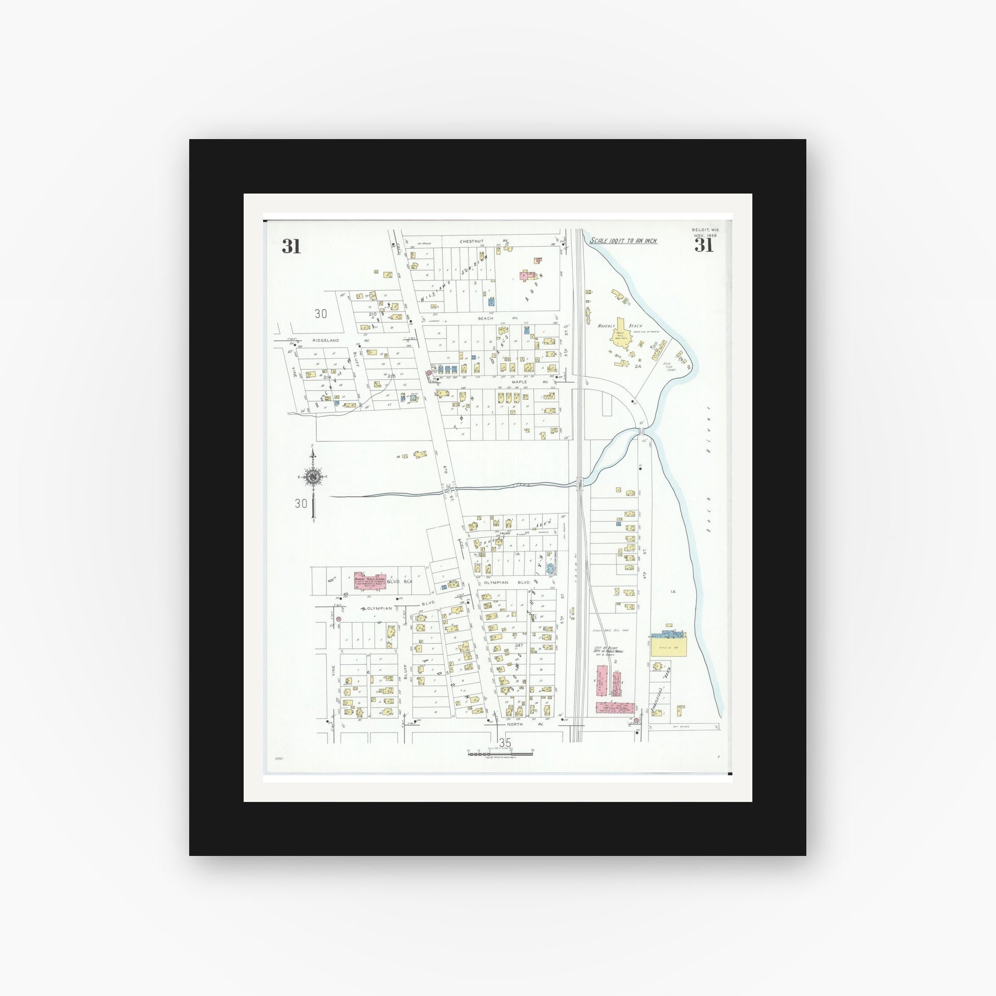 Old map wall art mockup — black gallery frame with white mat — Sanborn Fire Insurance Map from Beloit, Rock County, Wisconsin (1939), Sheet #0031