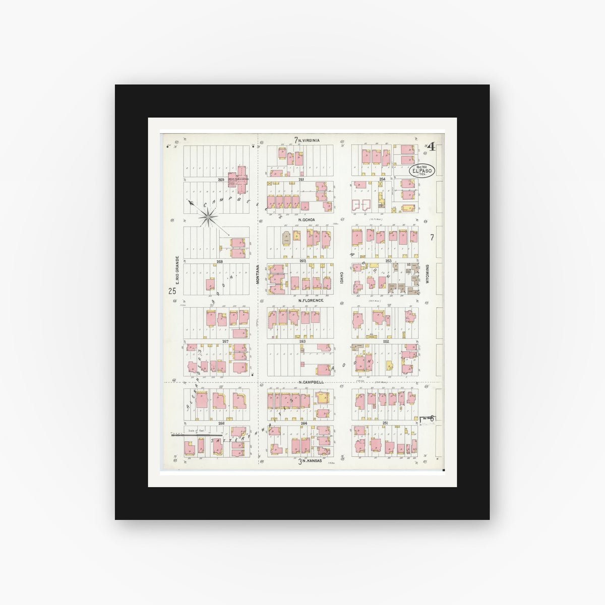 Old map wall art mockup — black gallery frame with white mat — Sanborn Fire Insurance Map from El Paso, El Paso County, Texas (1902), Sheet #0004