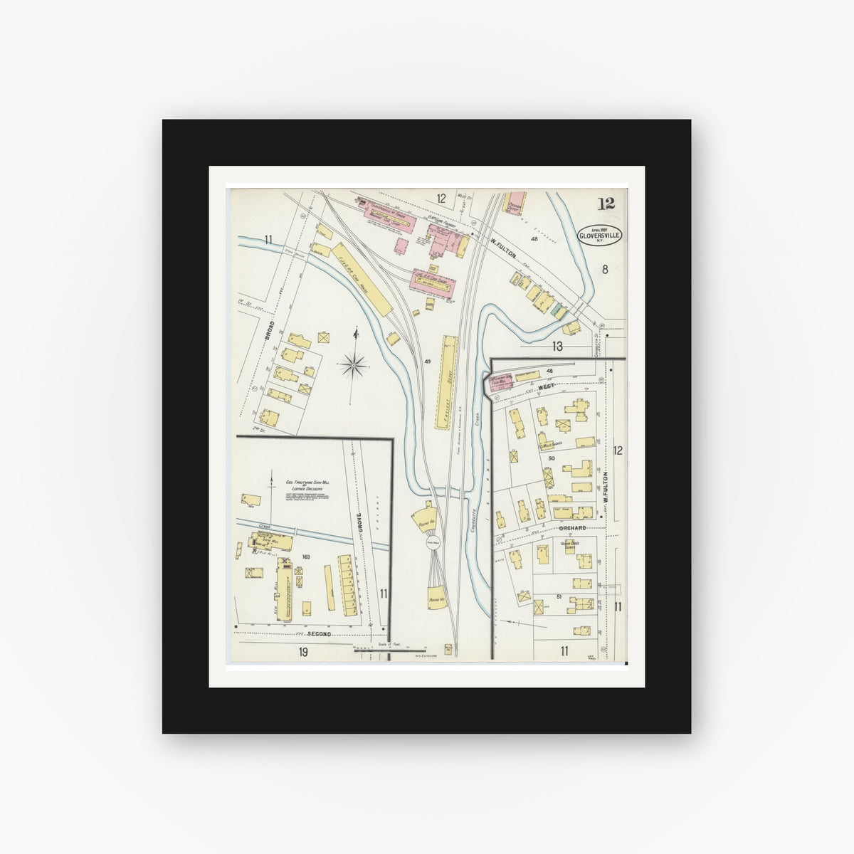 Old map wall art mockup — black gallery frame with white mat — Sanborn Fire Insurance Map from Gloversville, Fulton County, New York (1897), Sheet #0012