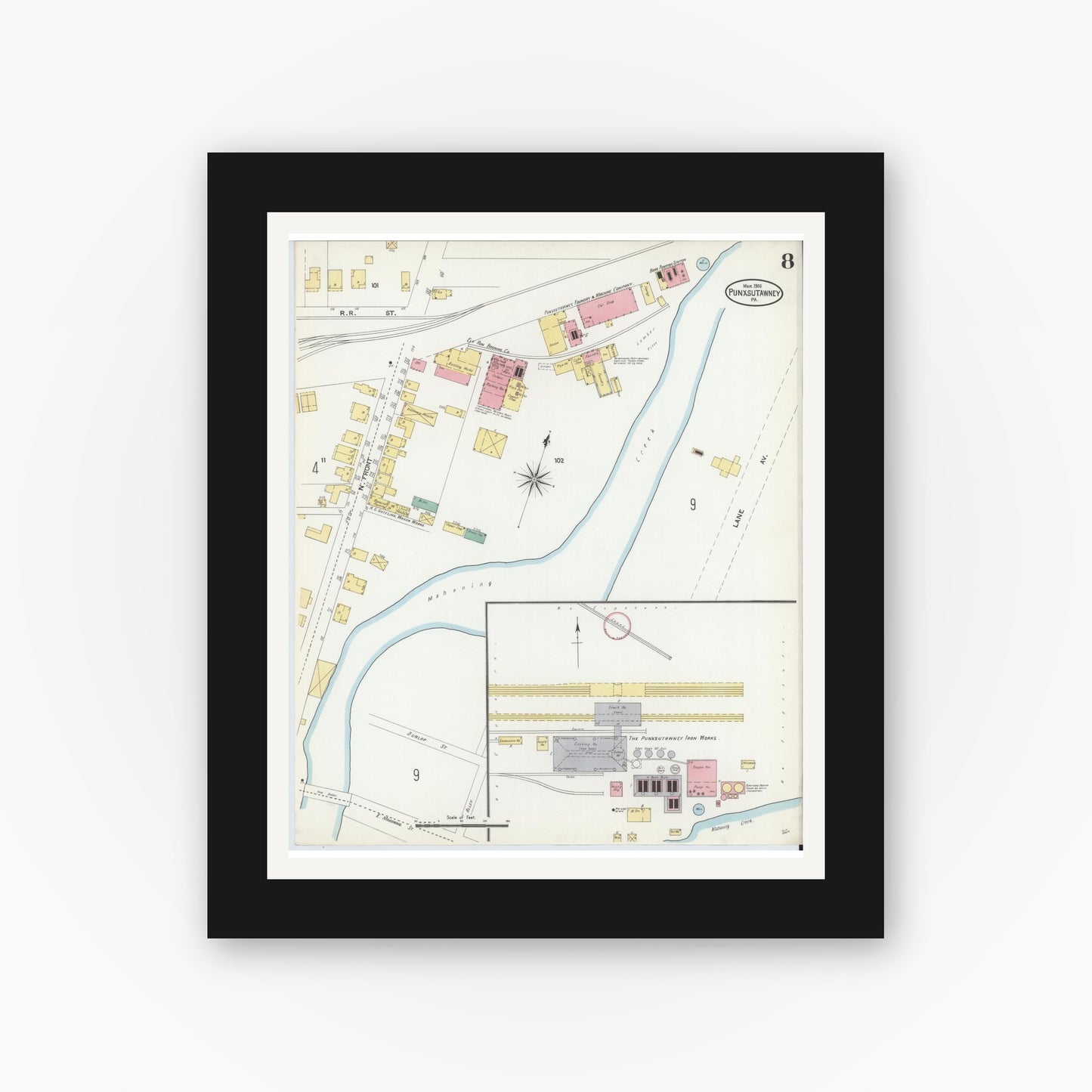 Old map wall art mockup — black gallery frame with white mat — Sanborn Fire Insurance Map from Punxsutawney, Jefferson County, Pennsylvania (1906), Sheet #0008