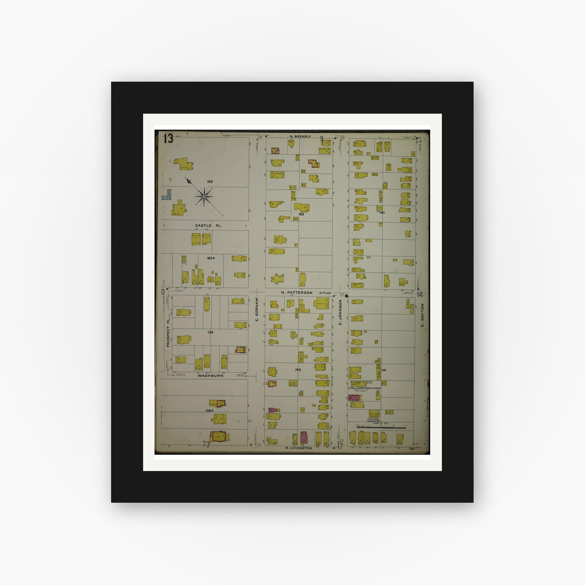 Old map wall art mockup — black gallery frame with white mat — Sanborn Fire Insurance Map from Madison, Dane County, Wisconsin (1908), Sheet #0013