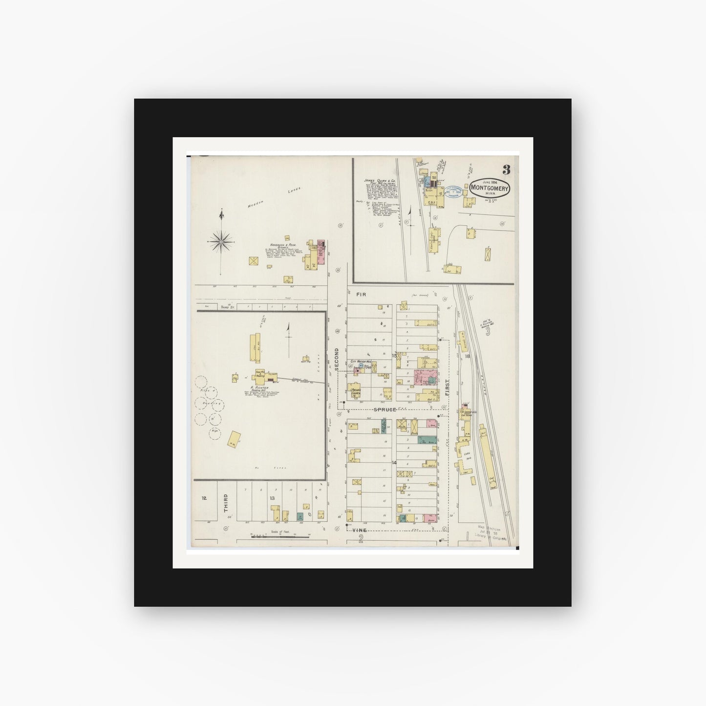Old map wall art mockup — black gallery frame with white mat — Sanborn Fire Insurance Map from Montgomery, Le Sueur  County, Minnesota (1894), Sheet #0003