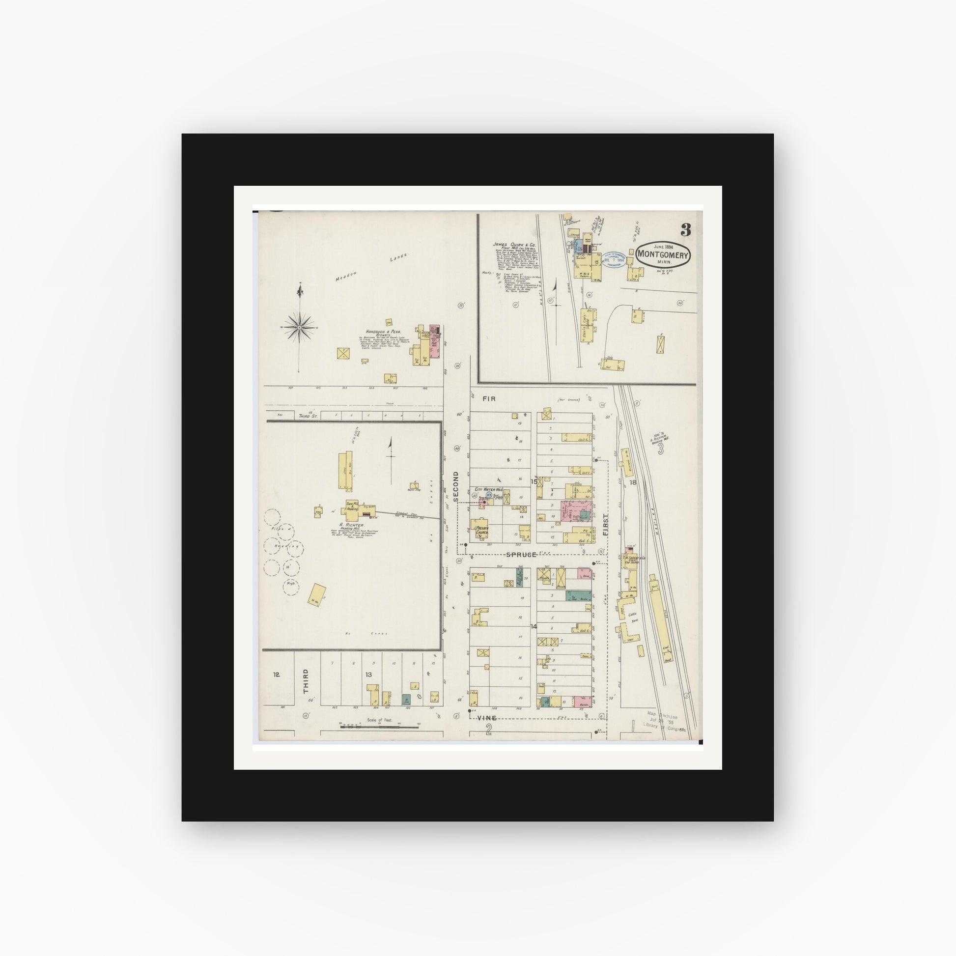 Old map wall art mockup — black gallery frame with white mat — Sanborn Fire Insurance Map from Montgomery, Le Sueur  County, Minnesota (1894), Sheet #0003