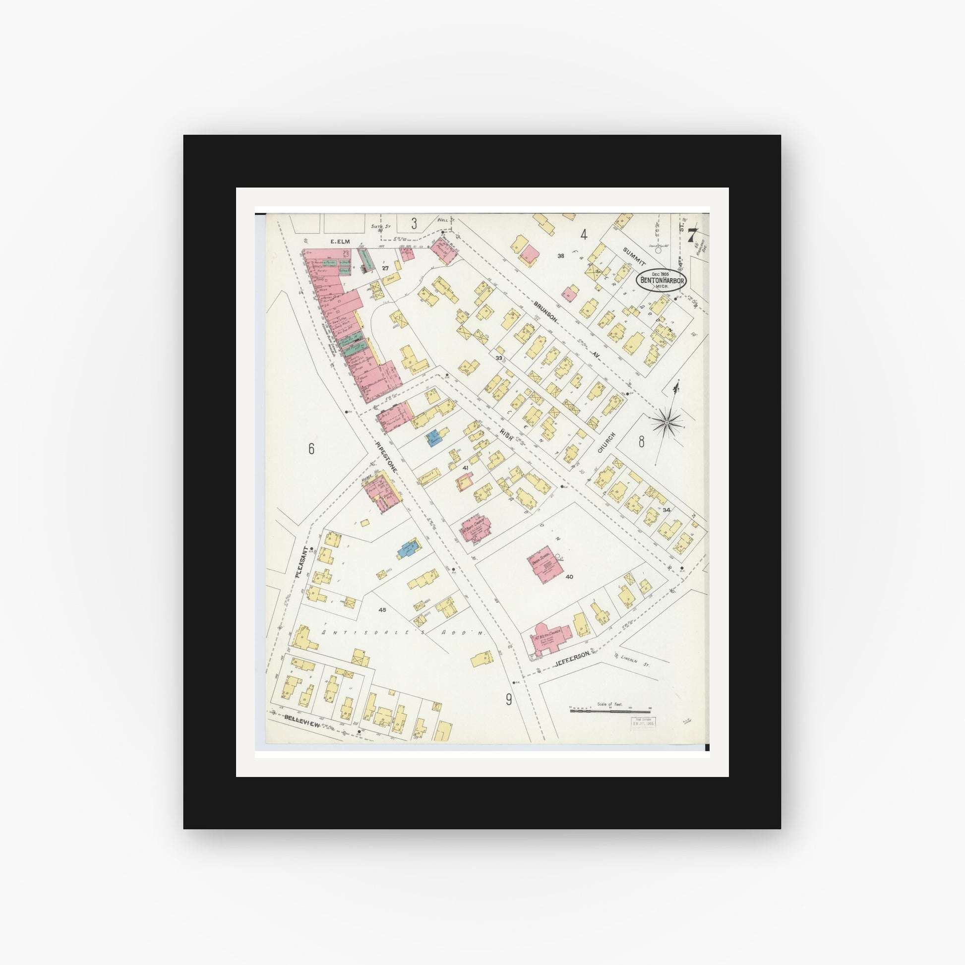 Old map wall art mockup — black gallery frame with white mat — Sanborn Fire Insurance Map from Benton Harbor, Berrien County, Michigan (1905), Sheet #0007