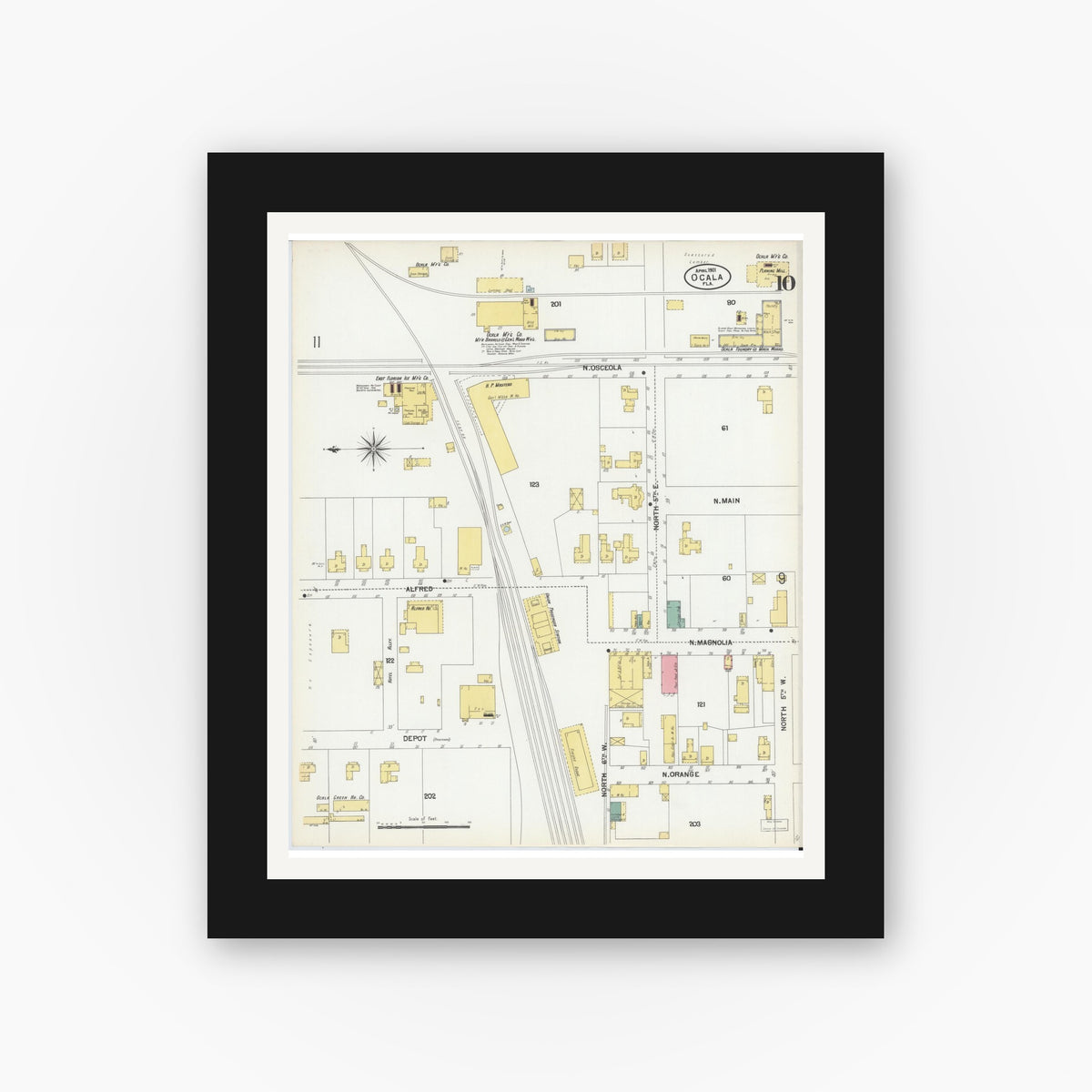 Old map wall art mockup — black gallery frame with white mat — Sanborn Fire Insurance Map from Ocala, Marion County, Florida (1901), Sheet #0010