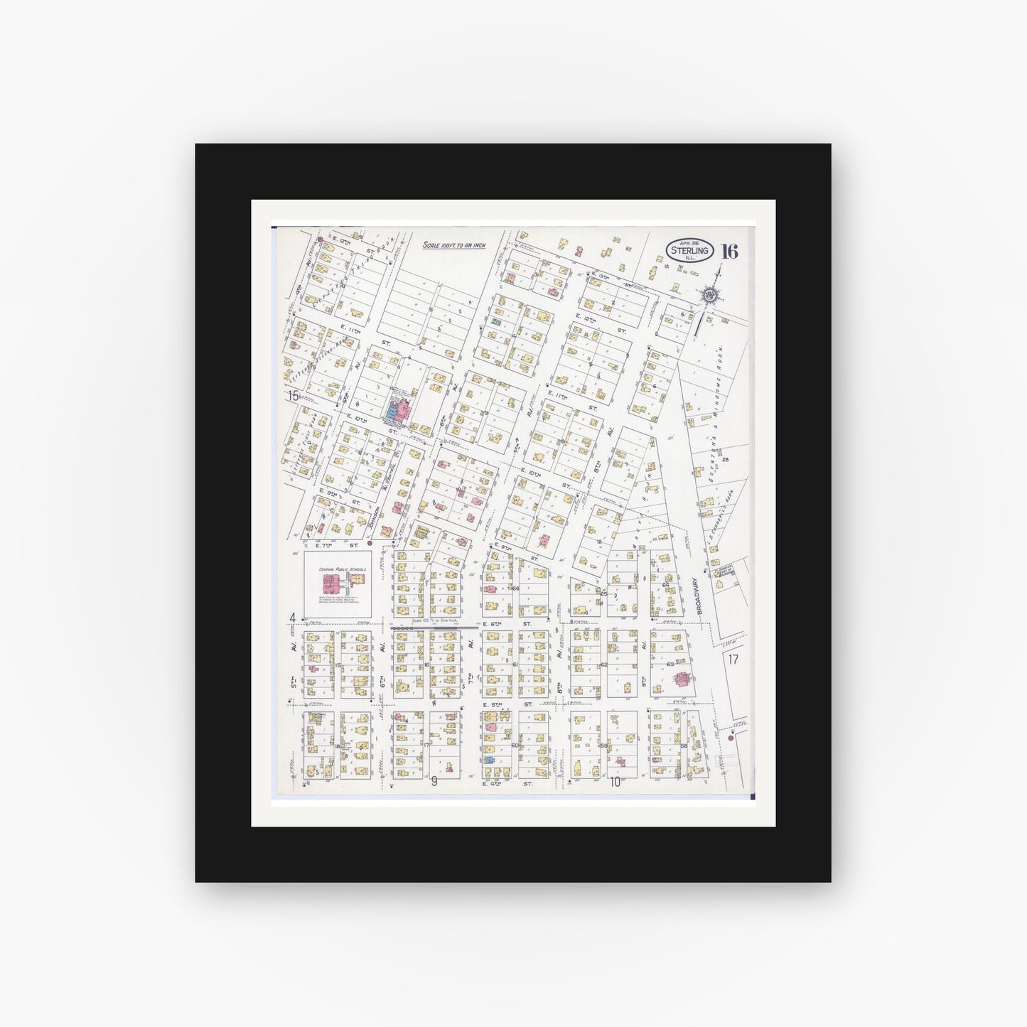 Old map wall art mockup — black gallery frame with white mat — Sanborn Fire Insurance Map from Sterling, Whiteside County, Illinois (1916), Sheet #0016