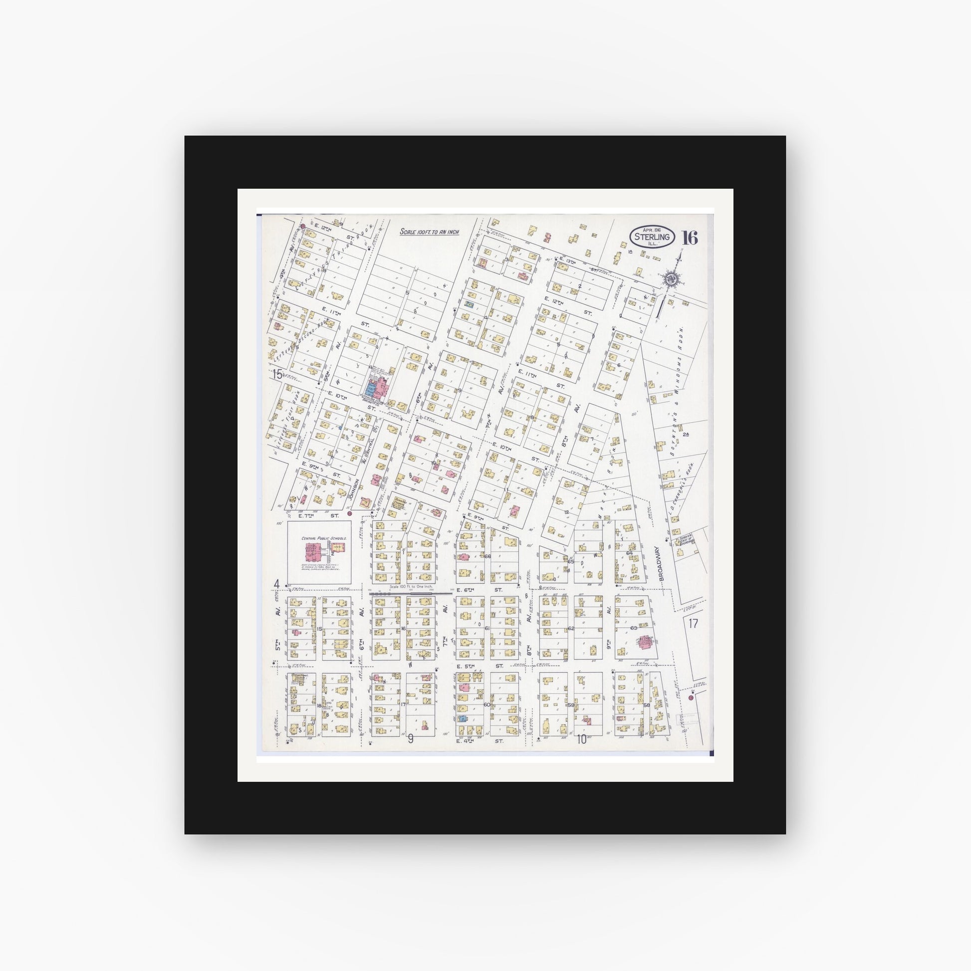 Old map wall art mockup — black gallery frame with white mat — Sanborn Fire Insurance Map from Sterling, Whiteside County, Illinois (1916), Sheet #0016