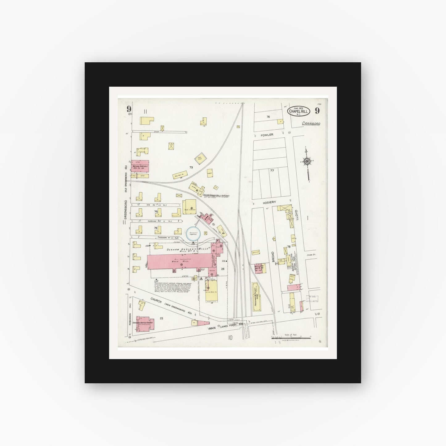 Old map wall art mockup — black gallery frame with white mat — Sanborn Fire Insurance Map from Chapel Hill, Orange County, North Carolina (1925), Sheet #0009