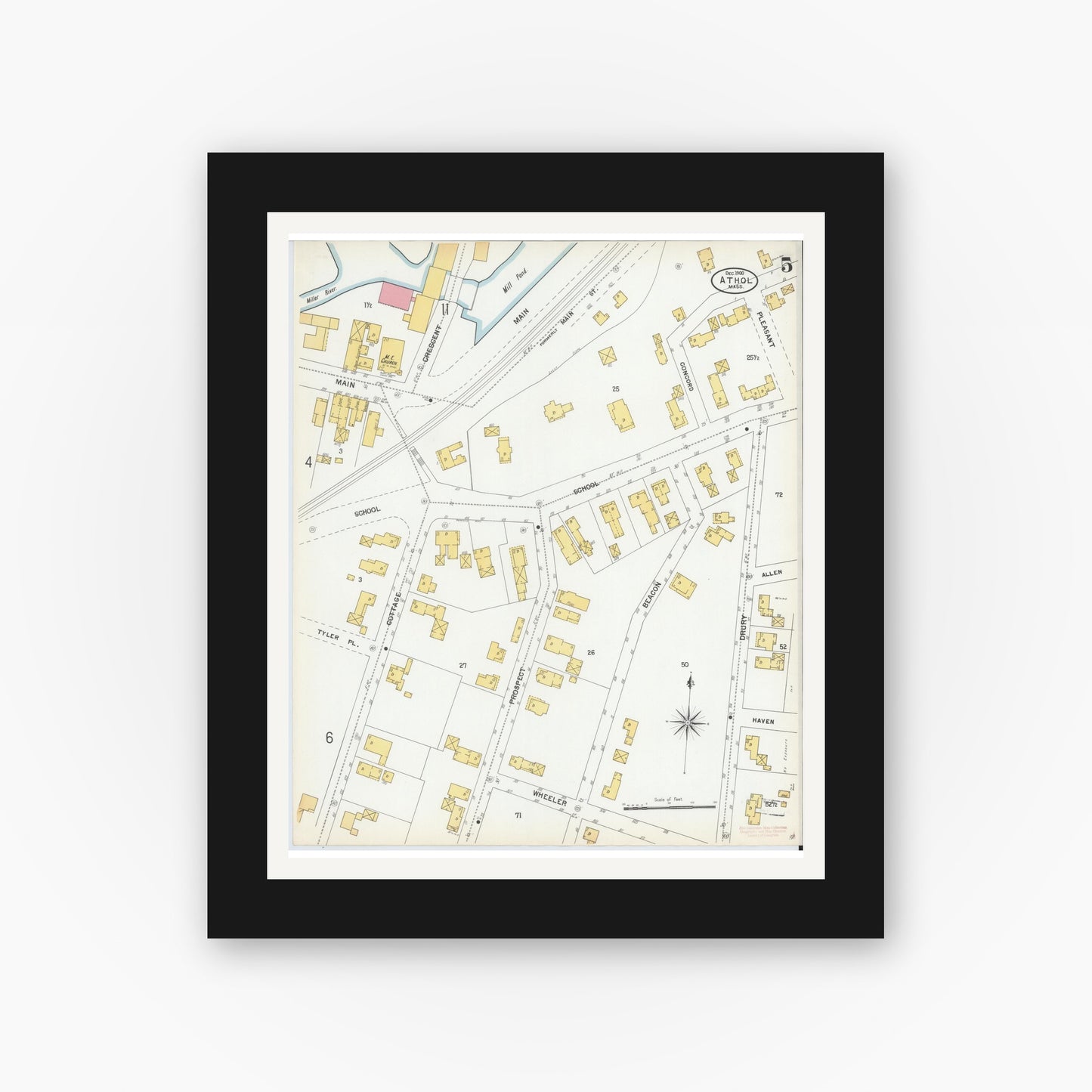 Old map wall art mockup — black gallery frame with white mat — Sanborn Fire Insurance Map from Athol, Worcester County, Massachusetts (1900), Sheet #0005