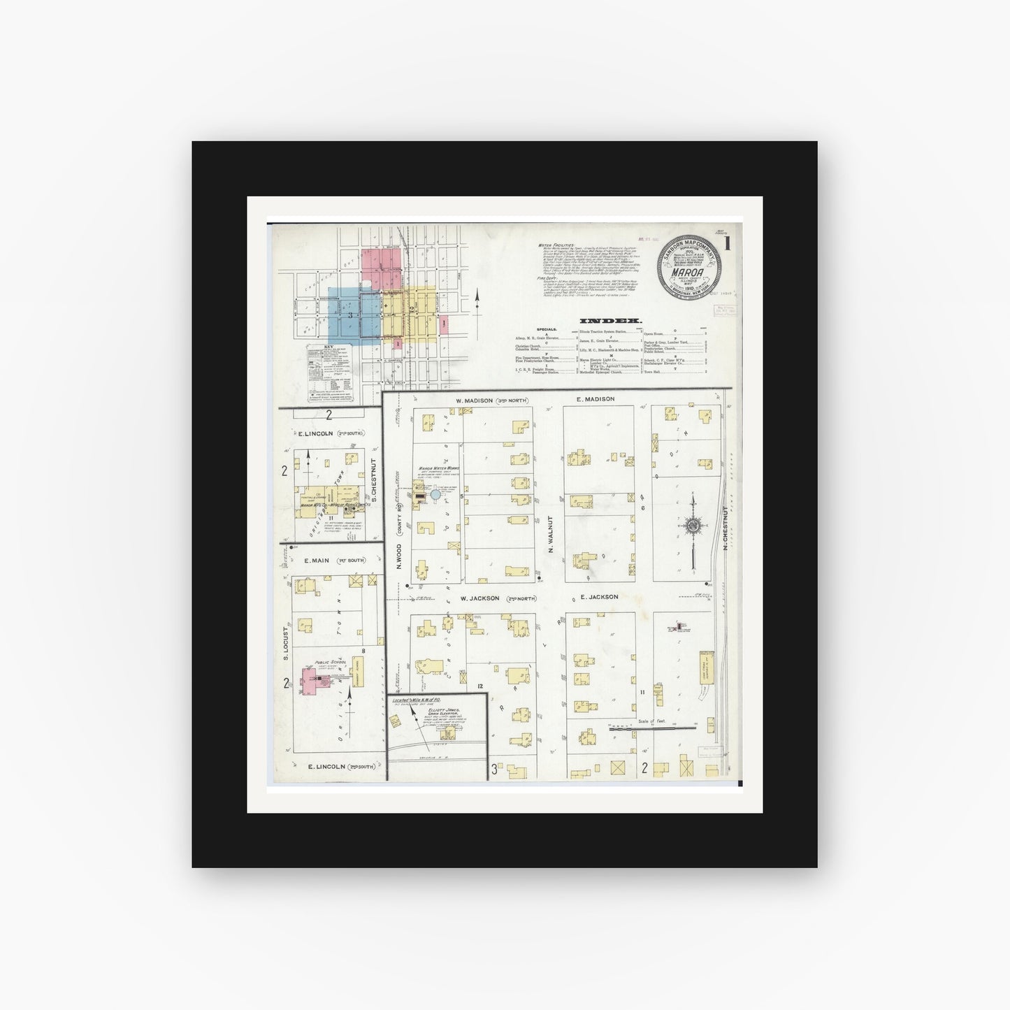 Old map wall art mockup — black gallery frame with white mat — Sanborn Fire Insurance Map from Maroa, Macon County, Illinois (1910), Sheet #0001