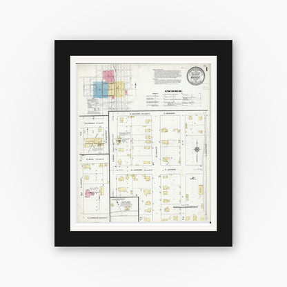 Old map wall art mockup — black gallery frame with white mat — Sanborn Fire Insurance Map from Maroa, Macon County, Illinois (1910), Sheet #0001
