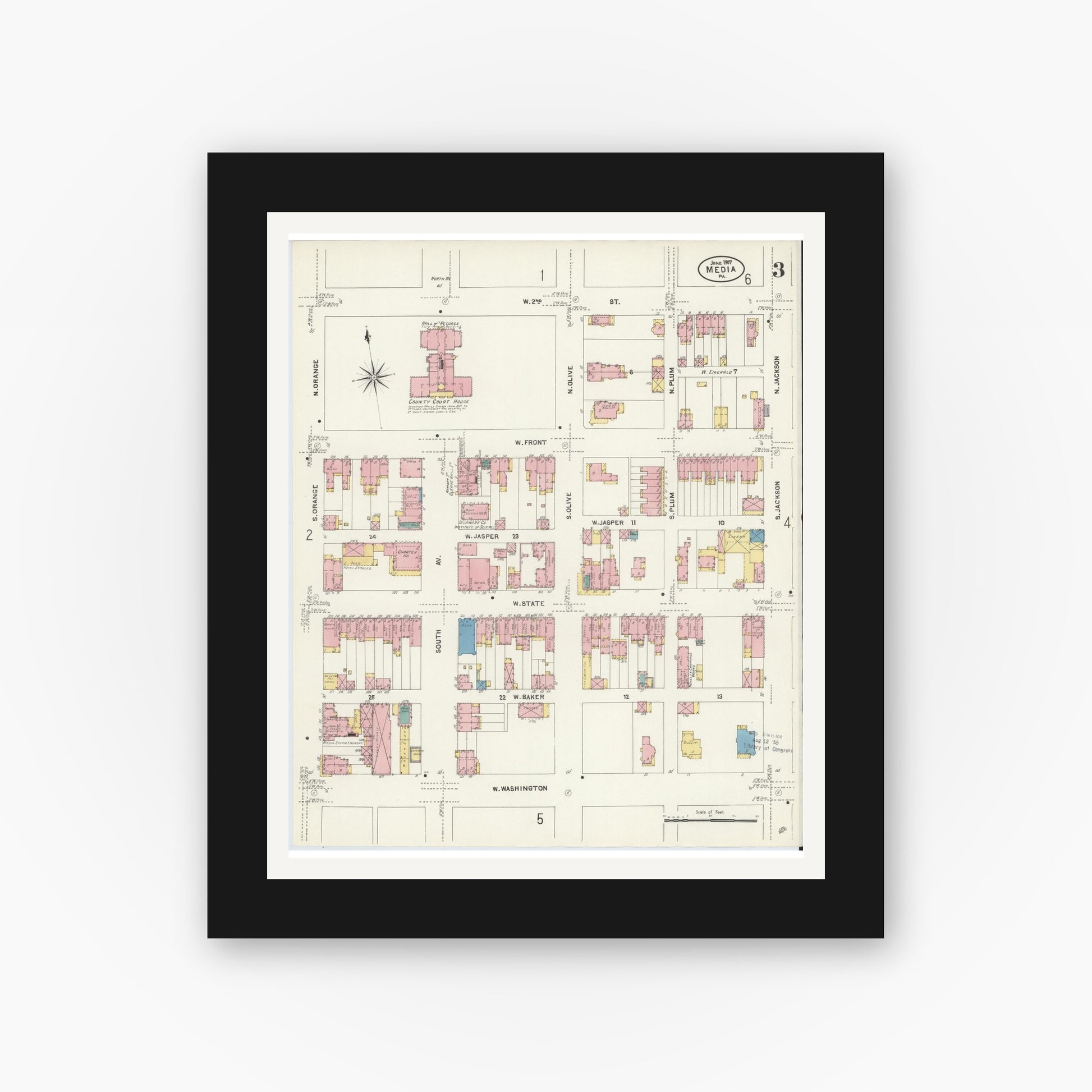 Old map wall art mockup — black gallery frame with white mat — Sanborn Fire Insurance Map from Media, Delaware County, Pennsylvania (1907), Sheet #0003
