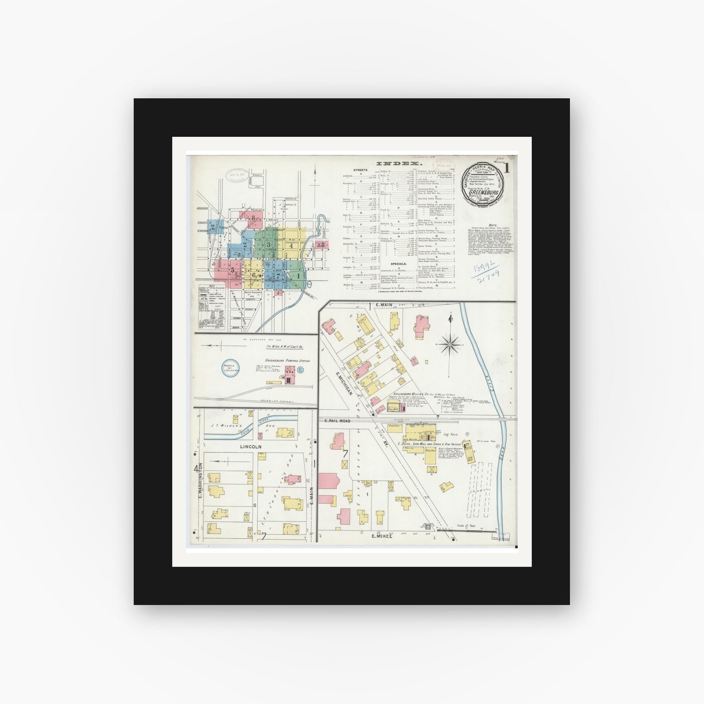 Old map wall art mockup — black gallery frame with white mat — Sanborn Fire Insurance Map from Greensburg, Decatur County, Indiana (1899) - Complete Map Set