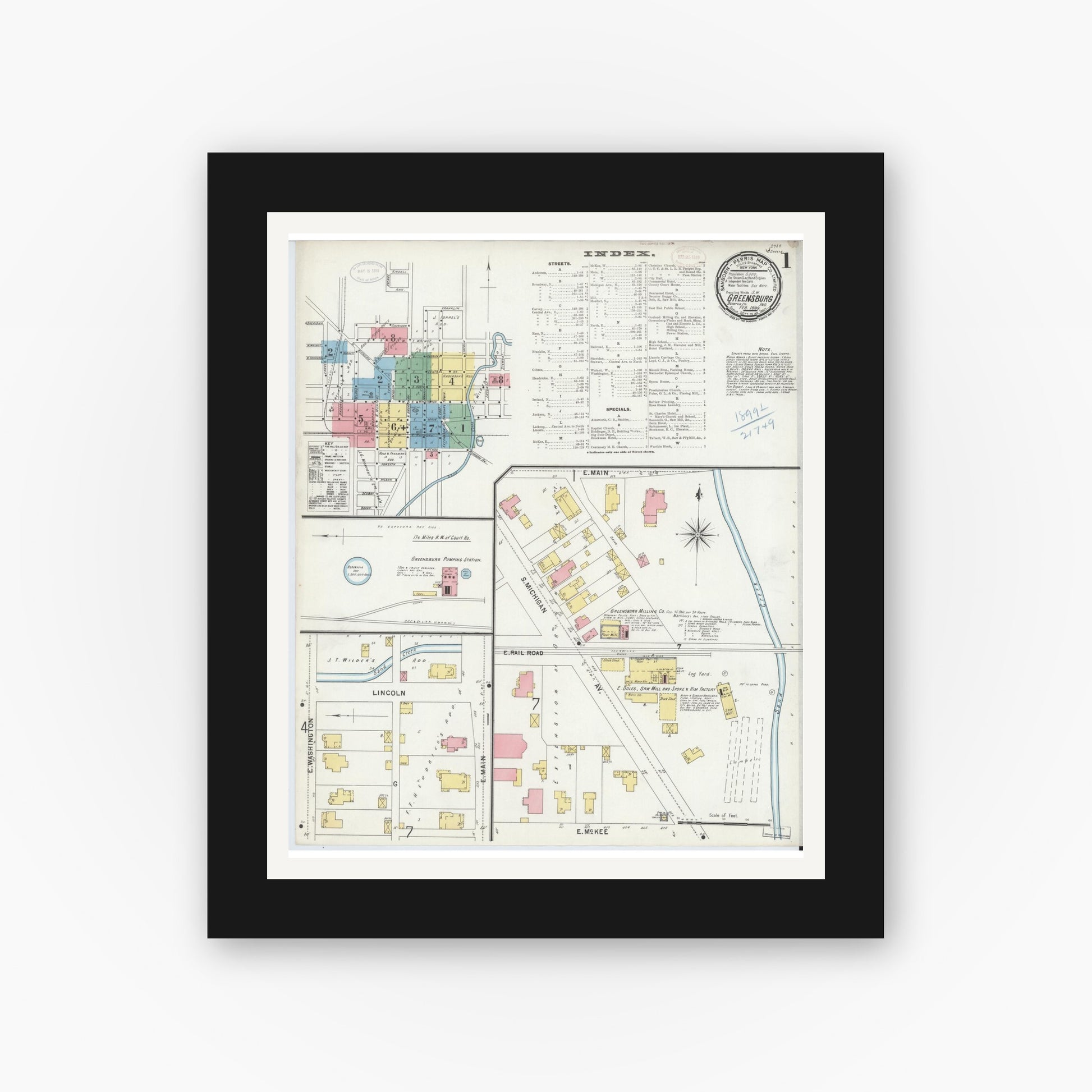 Old map wall art mockup — black gallery frame with white mat — Sanborn Fire Insurance Map from Greensburg, Decatur County, Indiana (1899) - Complete Map Set