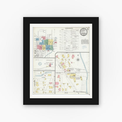 Old map wall art mockup — black gallery frame with white mat — Sanborn Fire Insurance Map from Greensburg, Decatur County, Indiana (1899) - Complete Map Set