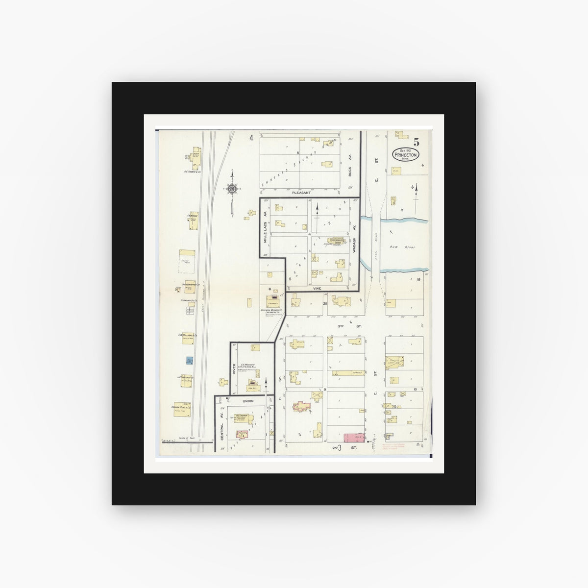 Old map wall art mockup — black gallery frame with white mat — Sanborn Fire Insurance Map from Princeton, Mille Lacs County, Minnesota (1912), Sheet #0005