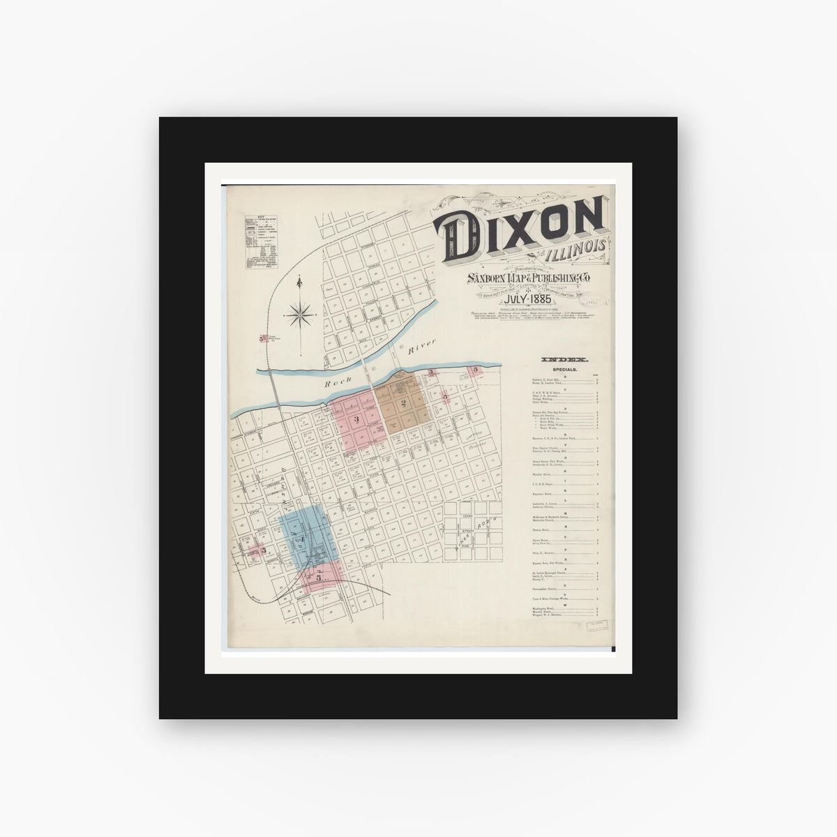 Old map wall art mockup — black gallery frame with white mat — Sanborn Fire Insurance Map from Dixon, Lee County, Illinois (1885), Sheet #0001