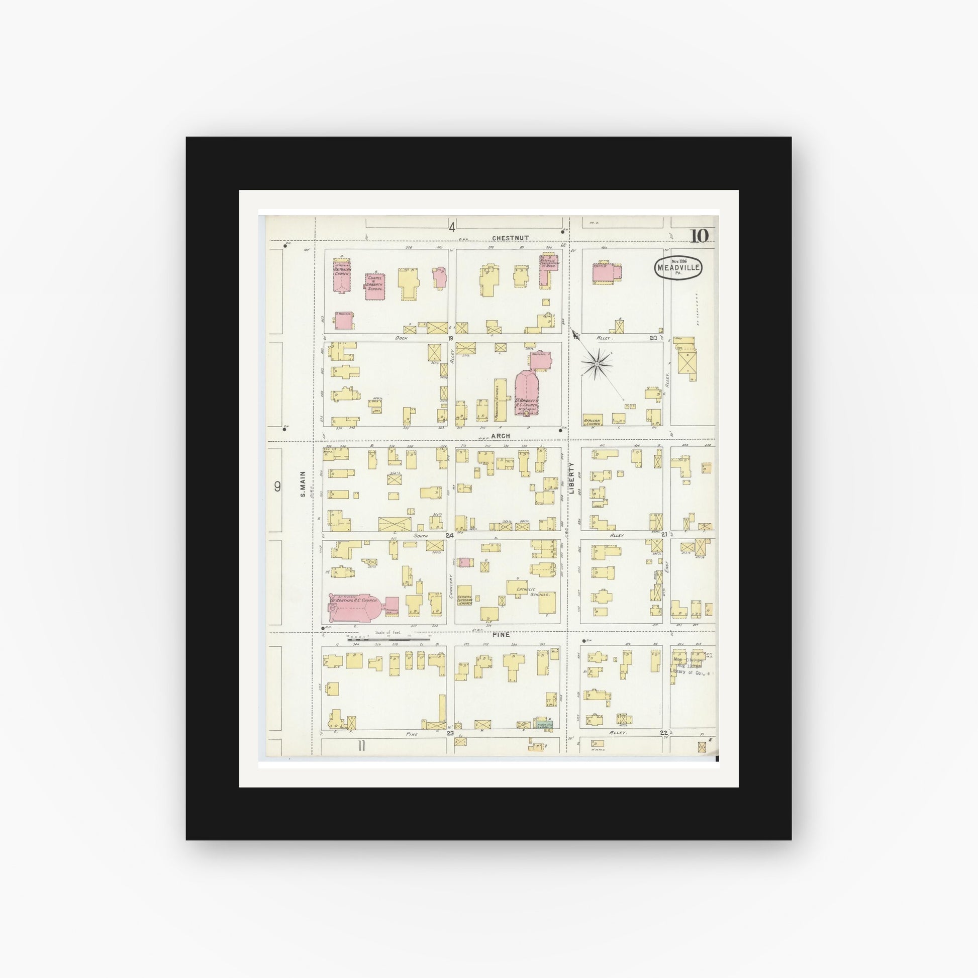 Old map wall art mockup — black gallery frame with white mat — Sanborn Fire Insurance Map from Meadville, Crawford County, Pennsylvania (1896), Sheet #0010