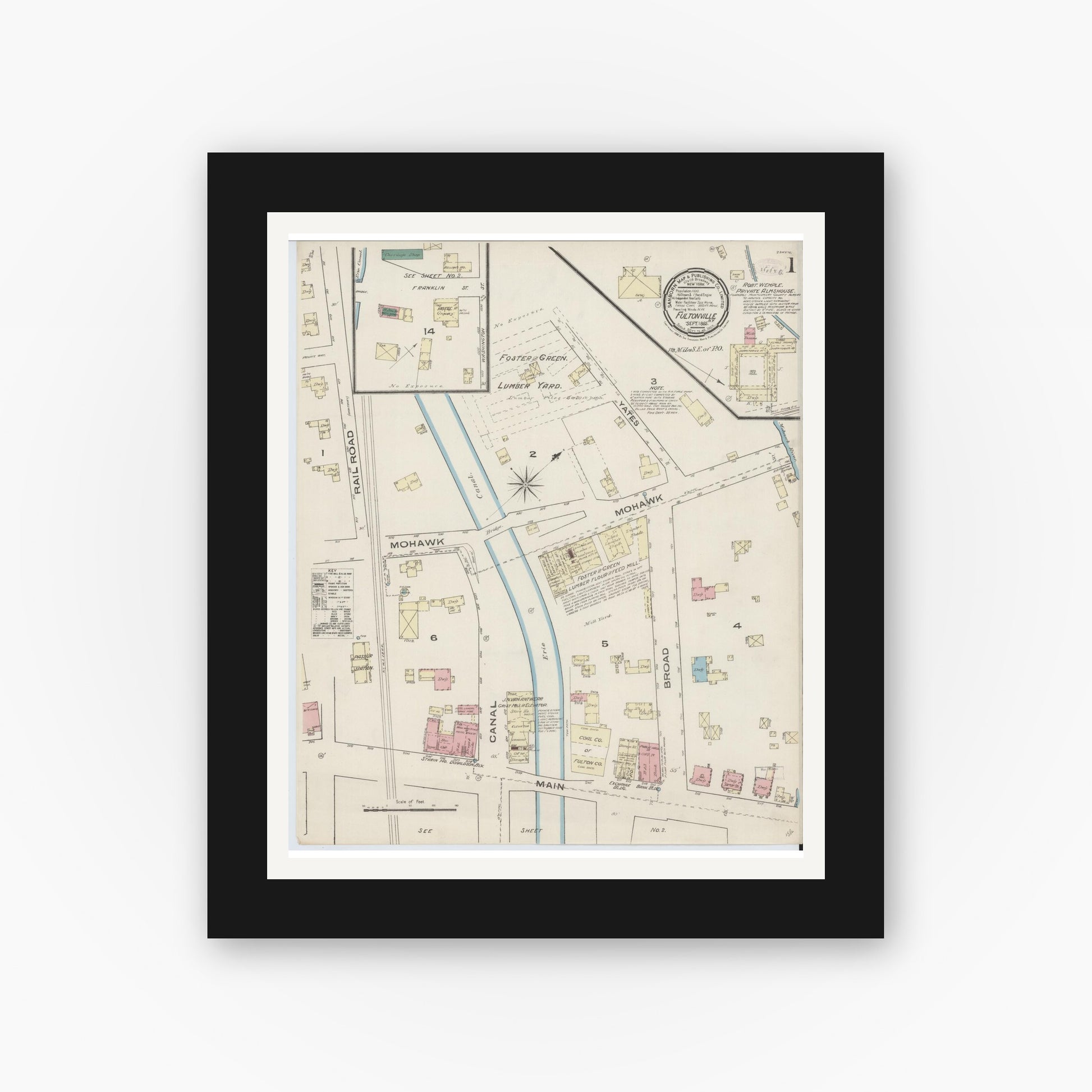 Old map wall art mockup — black gallery frame with white mat — Sanborn Fire Insurance Map from Fultonville, Montgomery County, New York (1885) - Complete Map Set