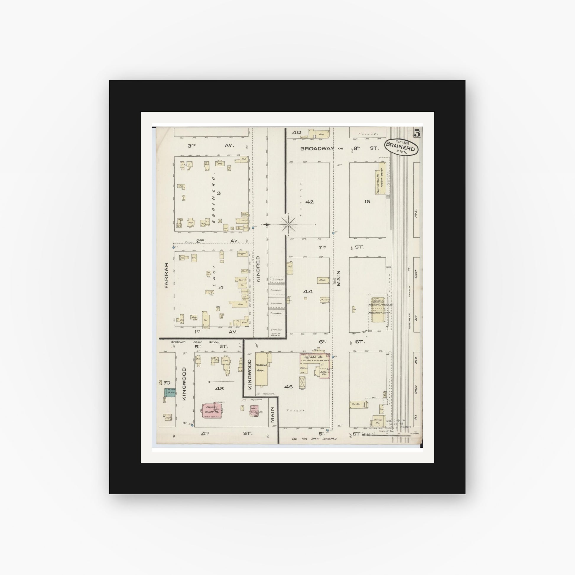 Old map wall art mockup — black gallery frame with white mat — Sanborn Fire Insurance Map from Brainerd, Crow Wing County, Minnesota (1885), Sheet #0005