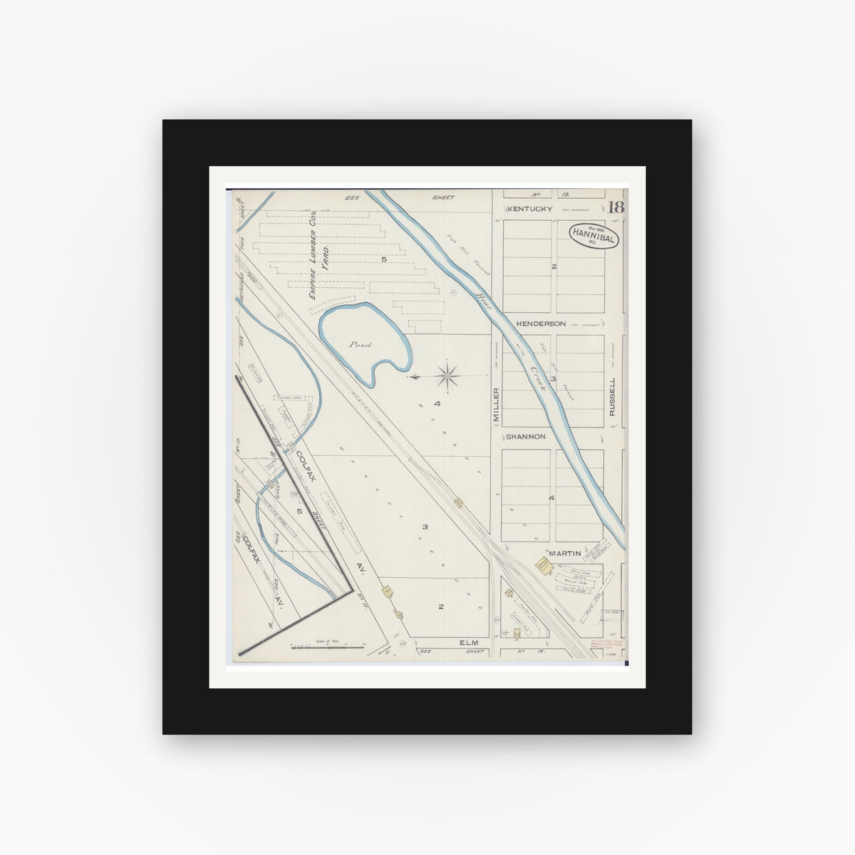 Old map wall art mockup — black gallery frame with white mat — Sanborn Fire Insurance Map from Hannibal, Marion County, Missouri (1885), Sheet #0018