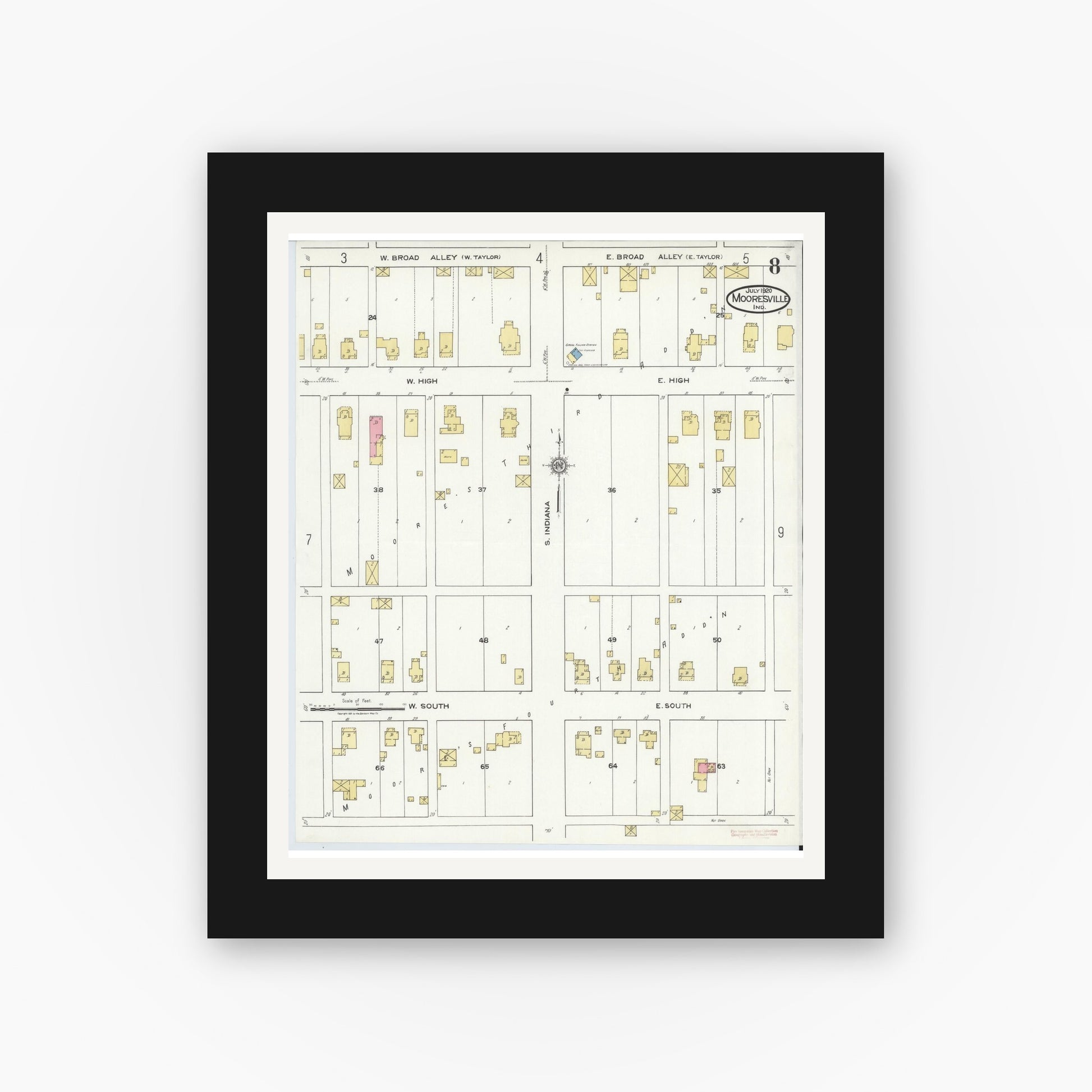 Old map wall art mockup — black gallery frame with white mat — Sanborn Fire Insurance Map from Mooresville, Morgan County, Indiana (1920), Sheet #0008