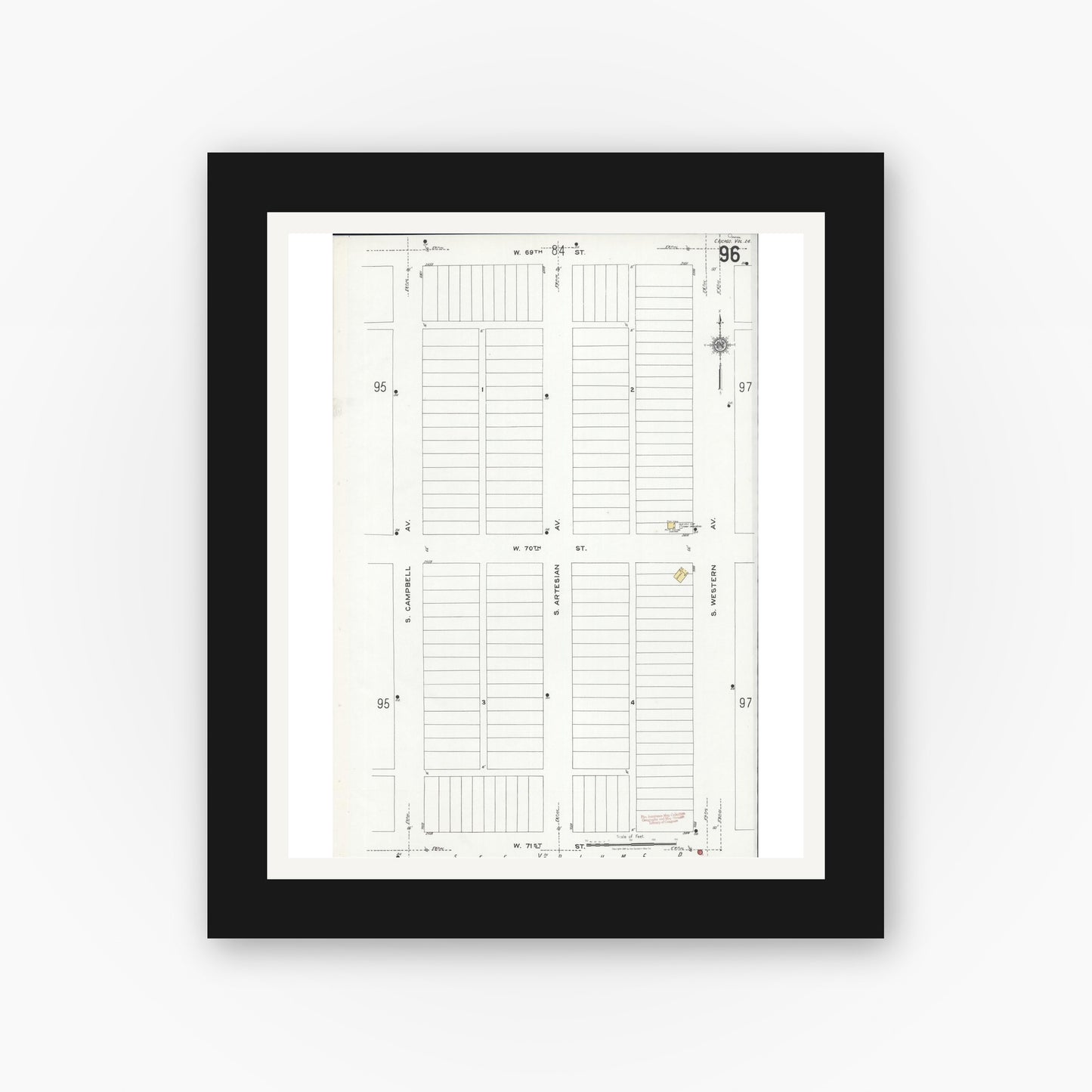 Old map wall art mockup — black gallery frame with white mat — Sanborn Fire Insurance Map from Chicago, Cook County, Illinois (1920), Sheet #0096