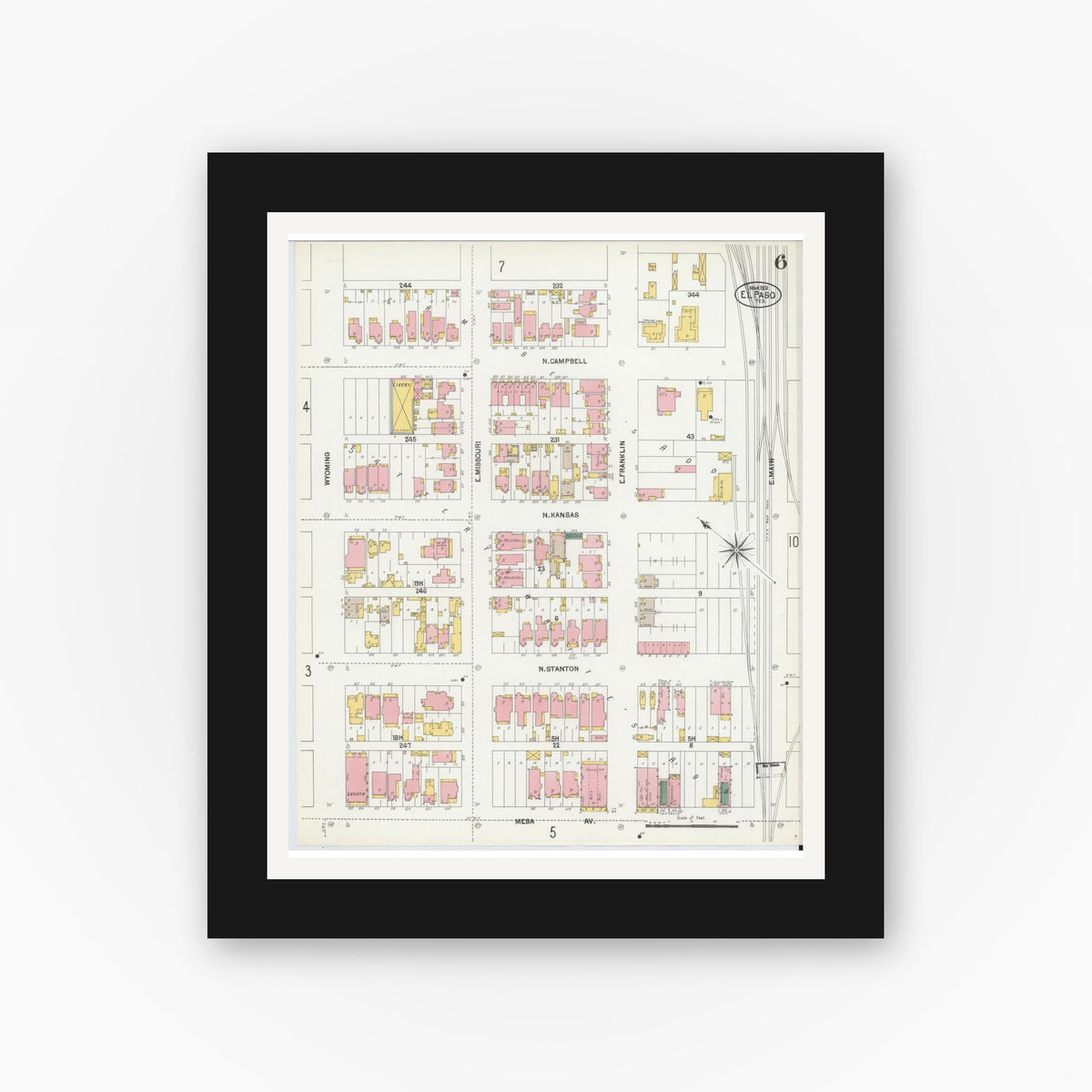 Old map wall art mockup — black gallery frame with white mat — Sanborn Fire Insurance Map from El Paso, El Paso County, Texas (1902), Sheet #0006