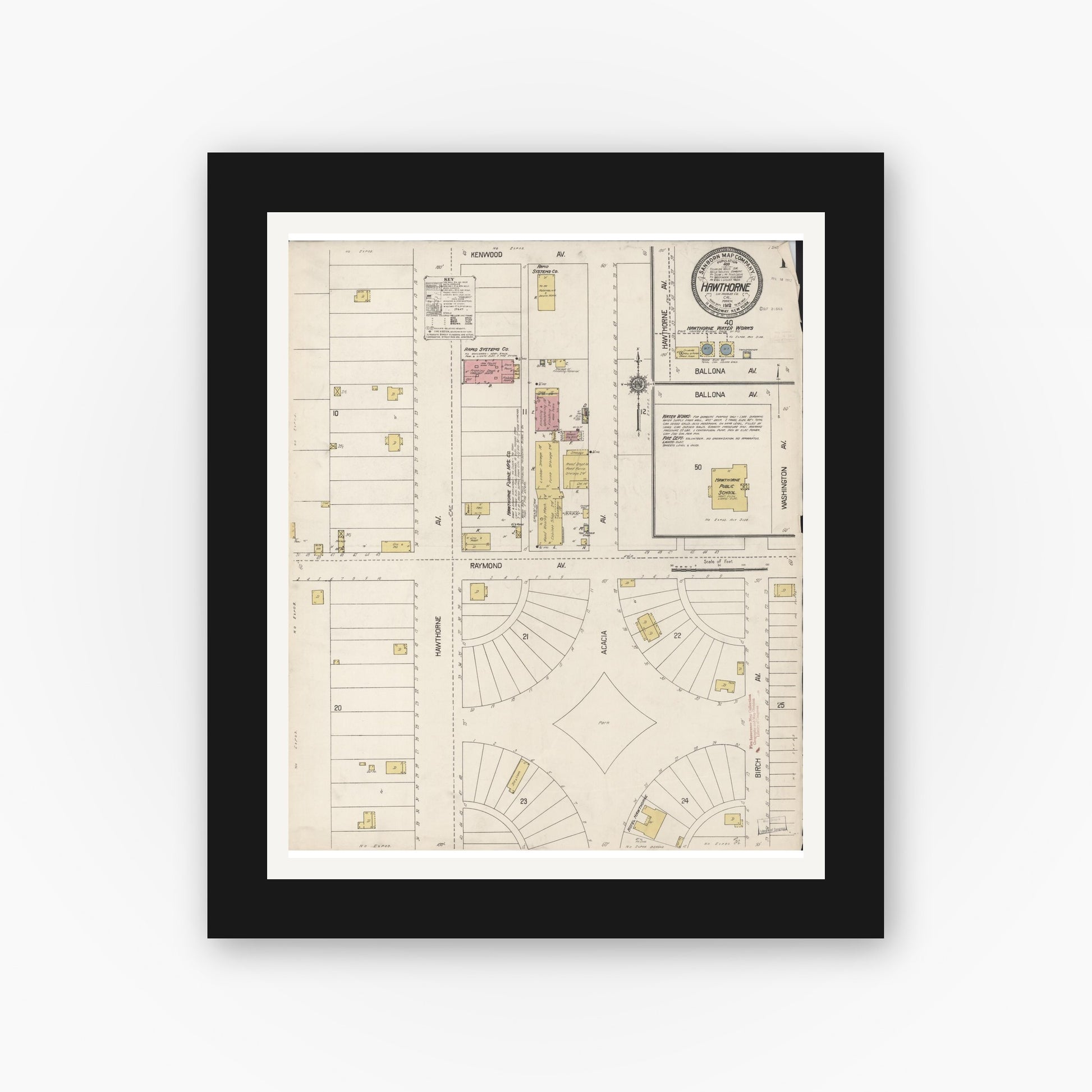 Old map wall art mockup — black gallery frame with white mat — Sanborn Fire Insurance Map from Hawthorne, Los Angeles County, California (1912), Sheet #0001