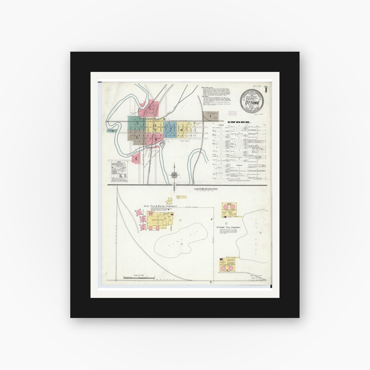 Old map wall art mockup — black gallery frame with white mat — Sanborn Fire Insurance Map from Ottawa, Putnam County, Ohio (1911) - Complete Map Set