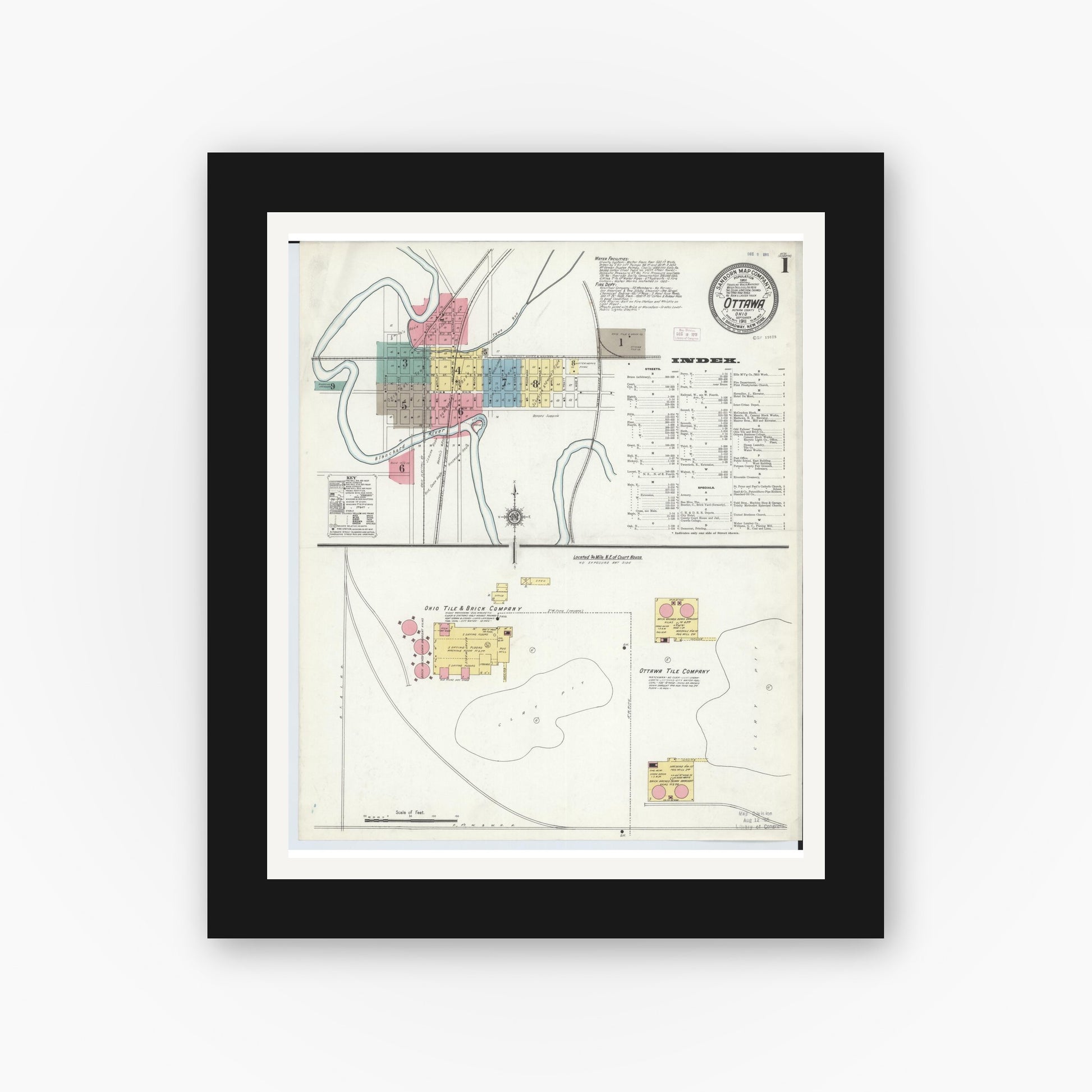 Old map wall art mockup — black gallery frame with white mat — Sanborn Fire Insurance Map from Ottawa, Putnam County, Ohio (1911) - Complete Map Set