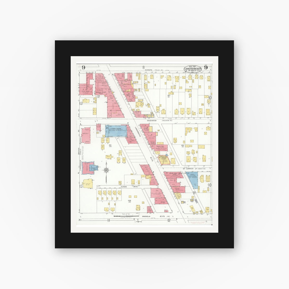 Old map wall art mockup — black gallery frame with white mat — Sanborn Fire Insurance Map from Lankershim, Los Angeles County, California (1927), Sheet #0009
