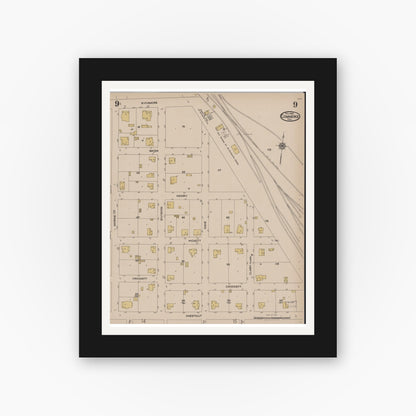 Old map wall art mockup — black gallery frame with white mat — Sanborn Fire Insurance Map from Commerce, Hunt County, Texas (1922), Sheet #0009