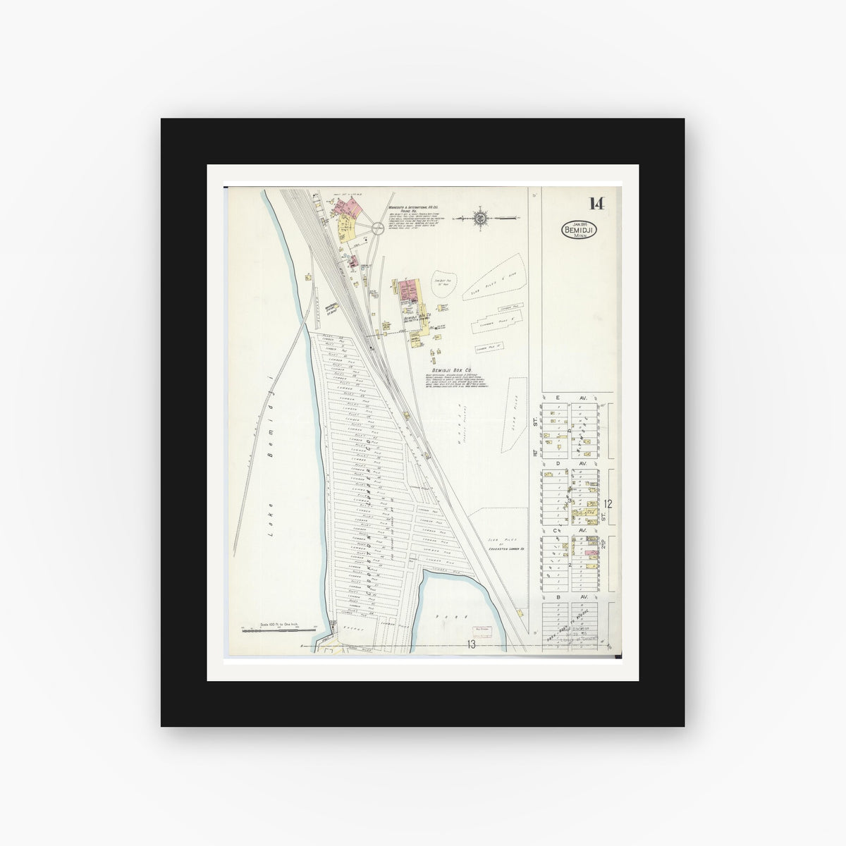 Old map wall art mockup — black gallery frame with white mat — Sanborn Fire Insurance Map from Bemidji, Beltrami County, Minnesota (1914), Sheet #0014