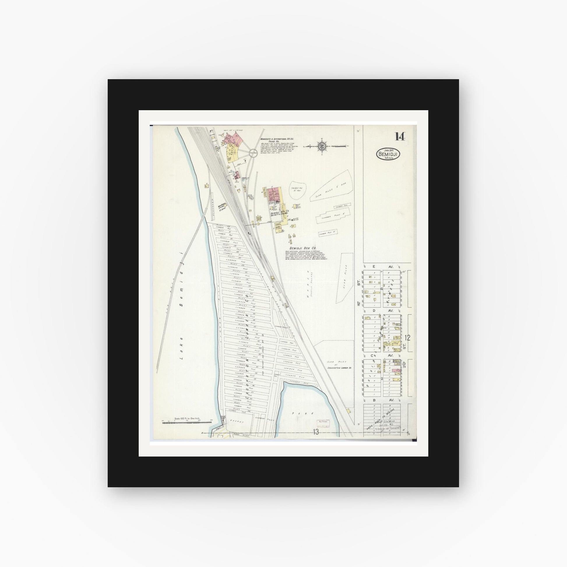 Old map wall art mockup — black gallery frame with white mat — Sanborn Fire Insurance Map from Bemidji, Beltrami County, Minnesota (1914), Sheet #0014