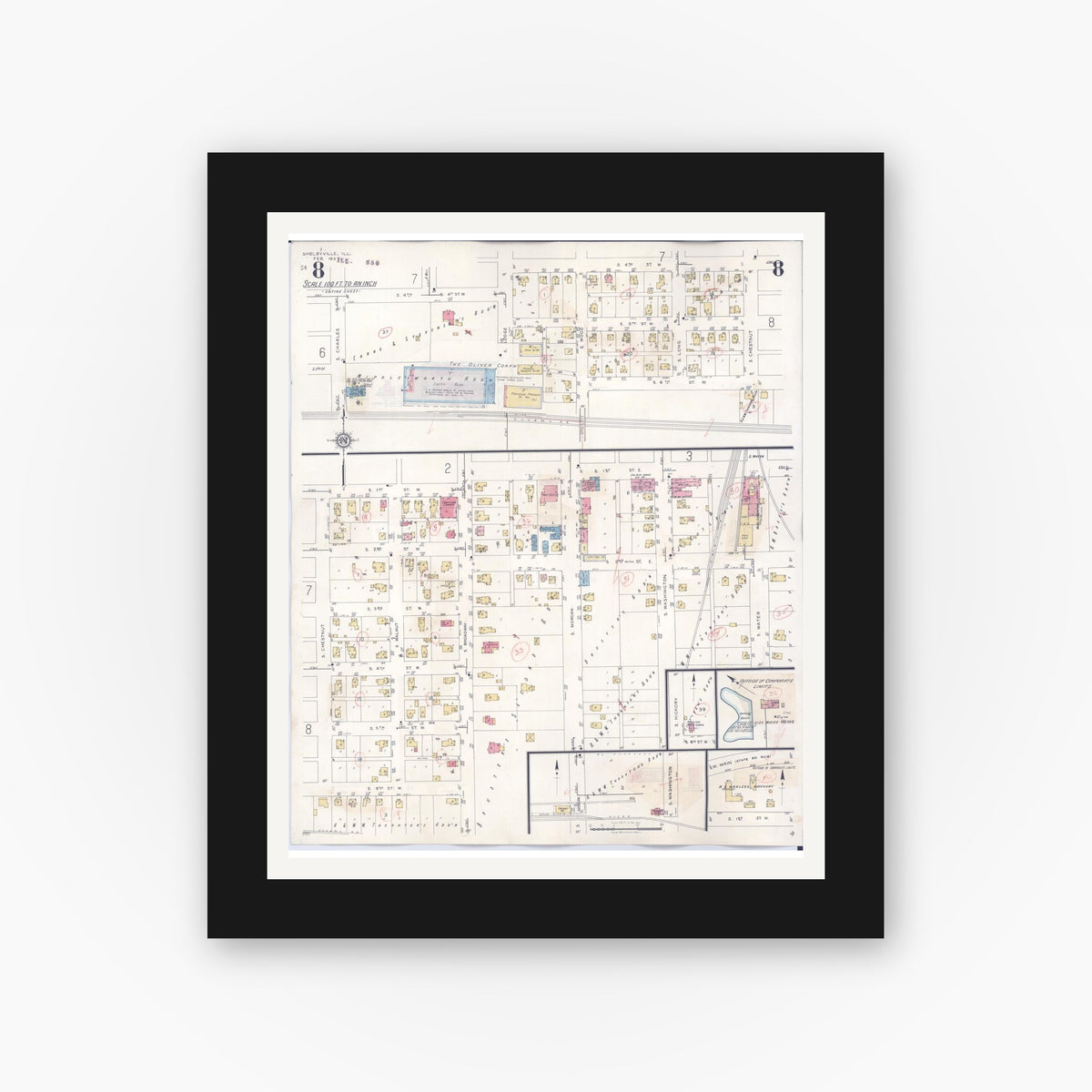 Old map wall art mockup — black gallery frame with white mat — Sanborn Fire Insurance Map from Shelbyville, Shelby County, Illinois (1941), Sheet #0008