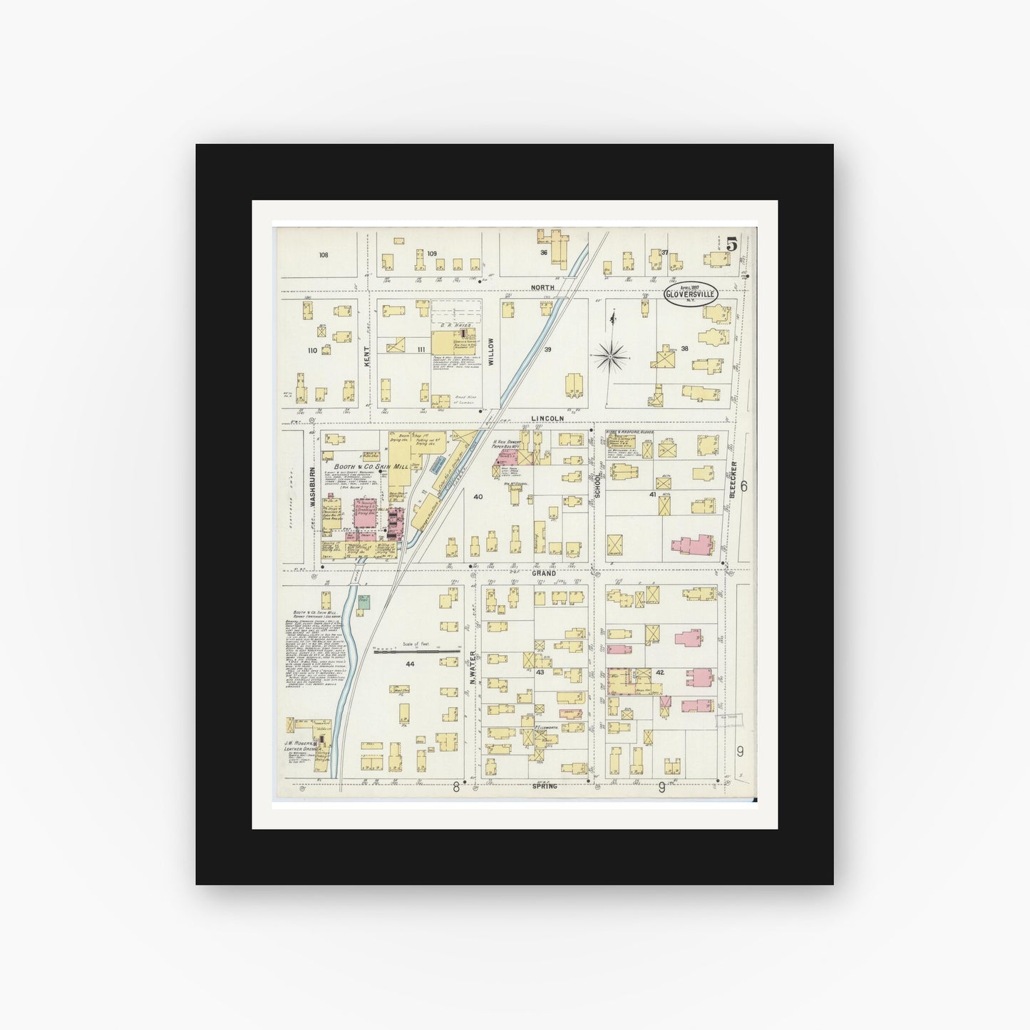 Old map wall art mockup — black gallery frame with white mat — Sanborn Fire Insurance Map from Gloversville, Fulton County, New York (1897), Sheet #0005