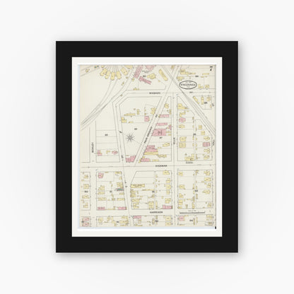 Old map wall art mockup — black gallery frame with white mat — Sanborn Fire Insurance Map from Vincennes, Knox County, Indiana (1887), Sheet #0007