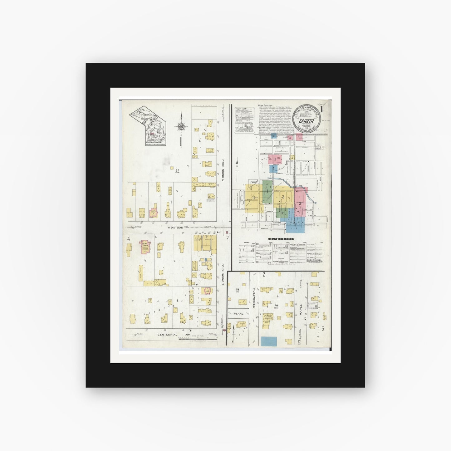Old map wall art mockup — black gallery frame with white mat — Sanborn Fire Insurance Map from Sparta, Kent County, Michigan (1918), Sheet #0001