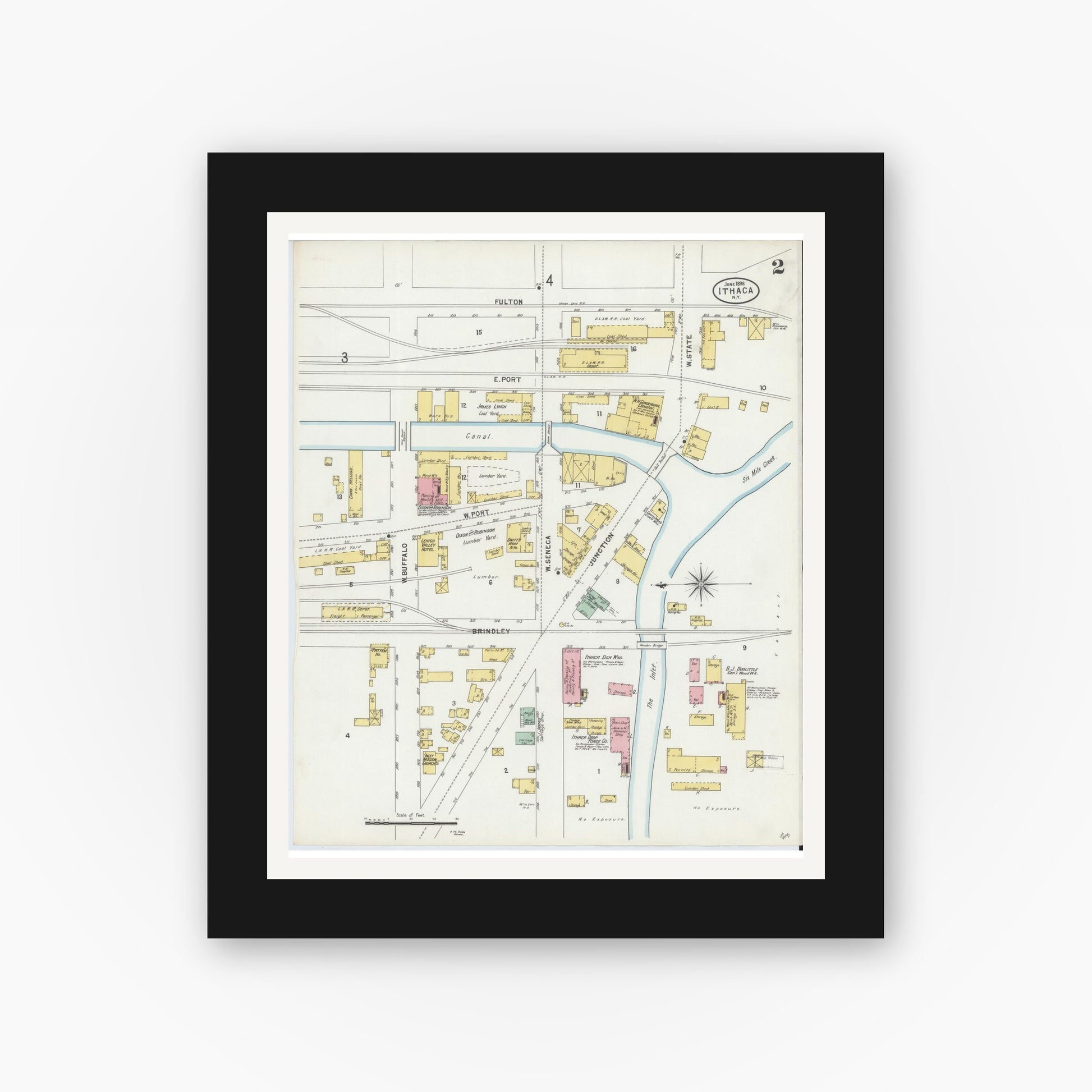 Old map wall art mockup — black gallery frame with white mat — Sanborn Fire Insurance Map from Ithaca, Tompkins County, New York (1898) - Complete Map Set
