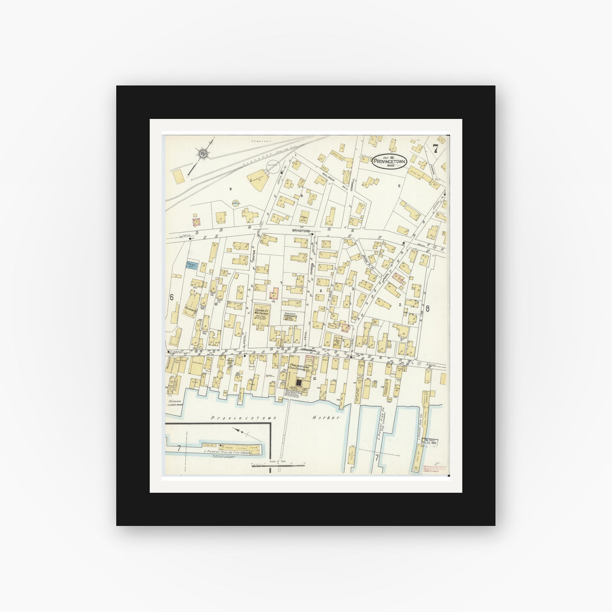 Old map wall art mockup — black gallery frame with white mat — Sanborn Fire Insurance Map from Provincetown, Barnstable County, Massachusetts (1912), Sheet #0007