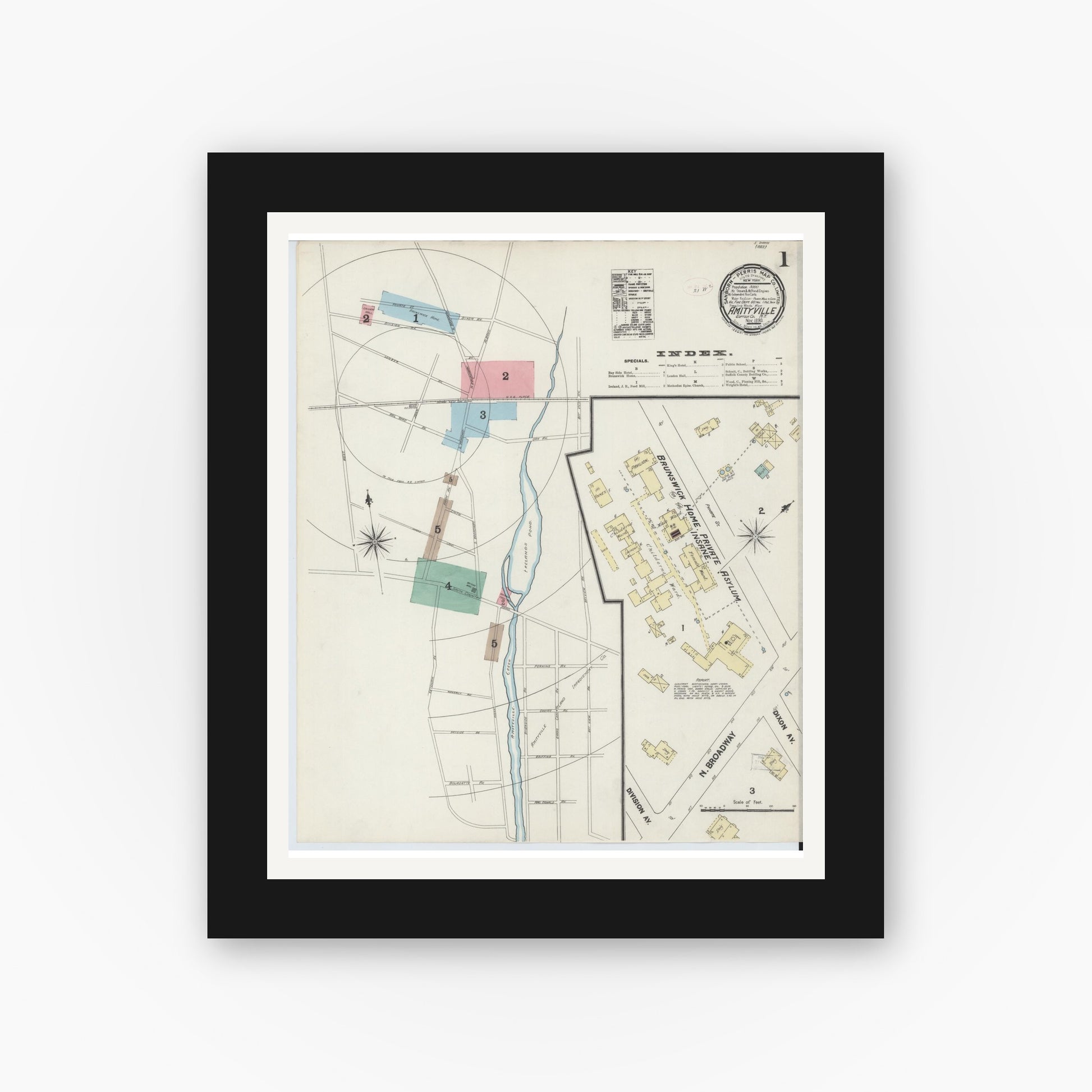 Old map wall art mockup — black gallery frame with white mat — Sanborn Fire Insurance Map from Amityville, Suffolk County, New York (1890), Sheet #0001