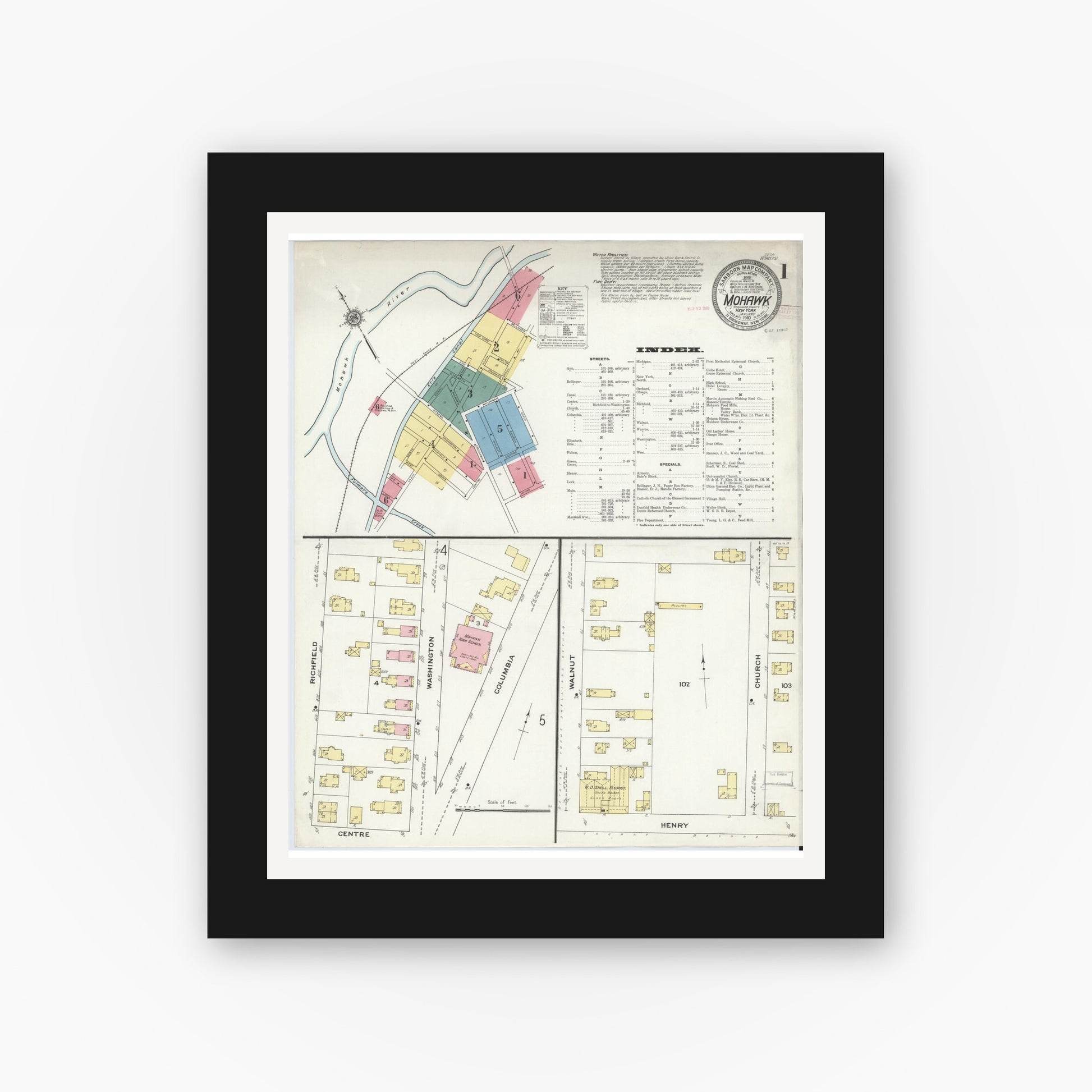 Old map wall art mockup — black gallery frame with white mat — Sanborn Fire Insurance Map from Mohawk, Herkimer County, New York (1910) - Complete Map Set