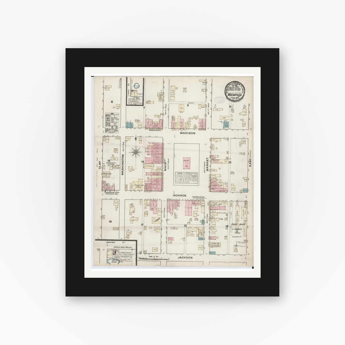 Old map wall art mockup — black gallery frame with white mat — Sanborn Fire Insurance Map from Memphis, Scotland County, Missouri (1884), Sheet #0001