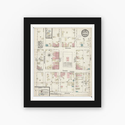 Old map wall art mockup — black gallery frame with white mat — Sanborn Fire Insurance Map from Memphis, Scotland County, Missouri (1884), Sheet #0001