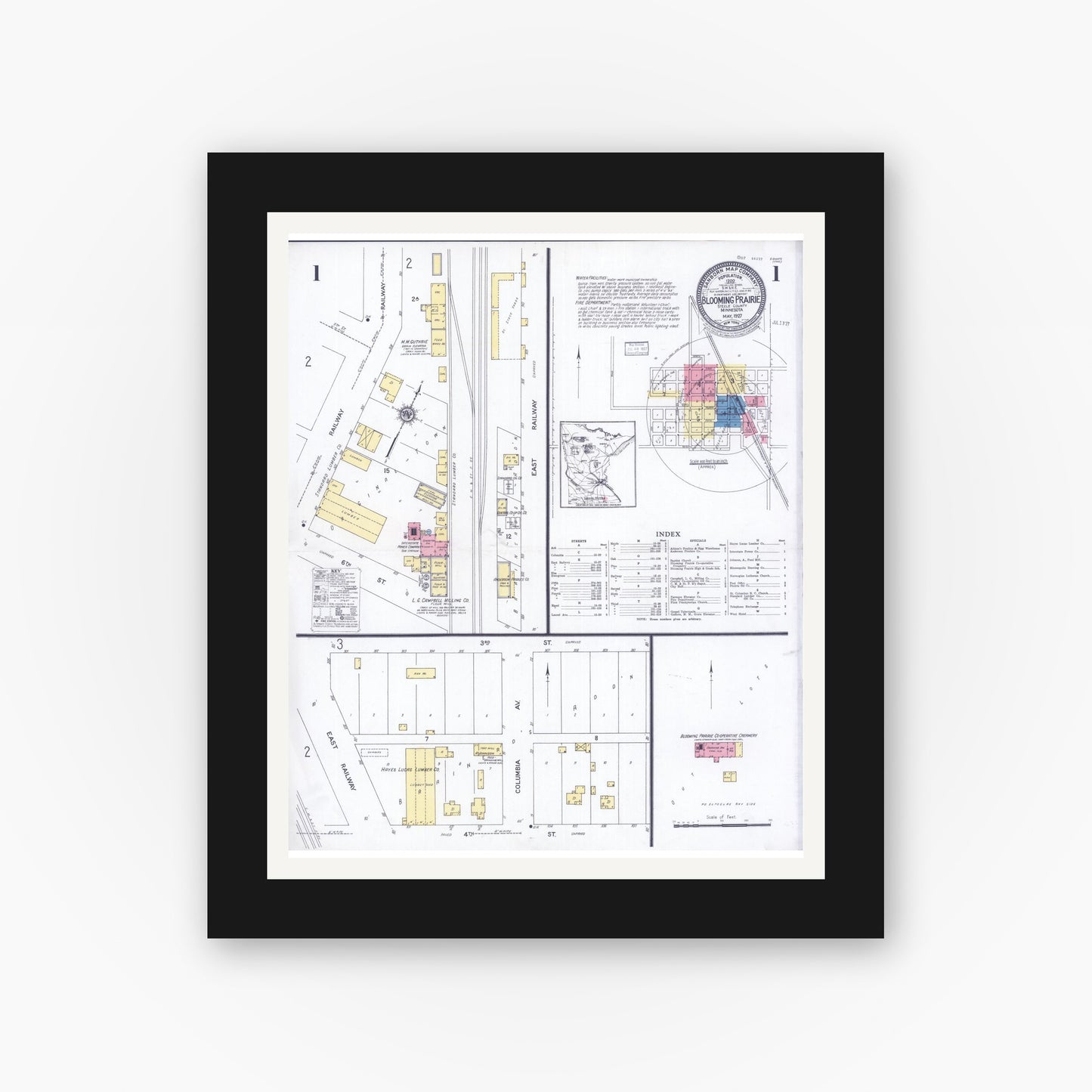 Old map wall art mockup — black gallery frame with white mat — Sanborn Fire Insurance Map from Blooming Prairie, Steele County, Minnesota (1927) - Complete Map Set